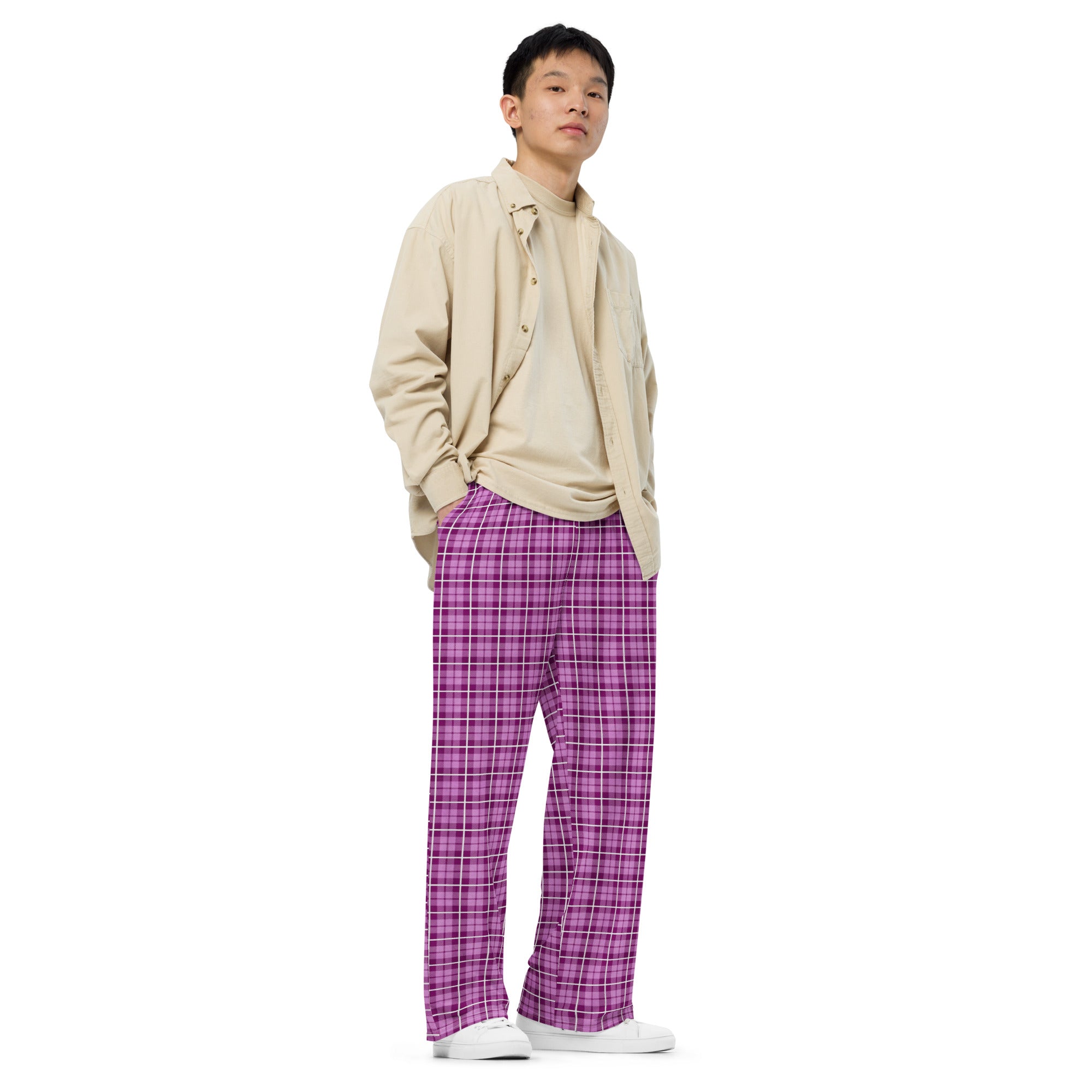 unisex wide-leg pants- Tartan Dark Pink