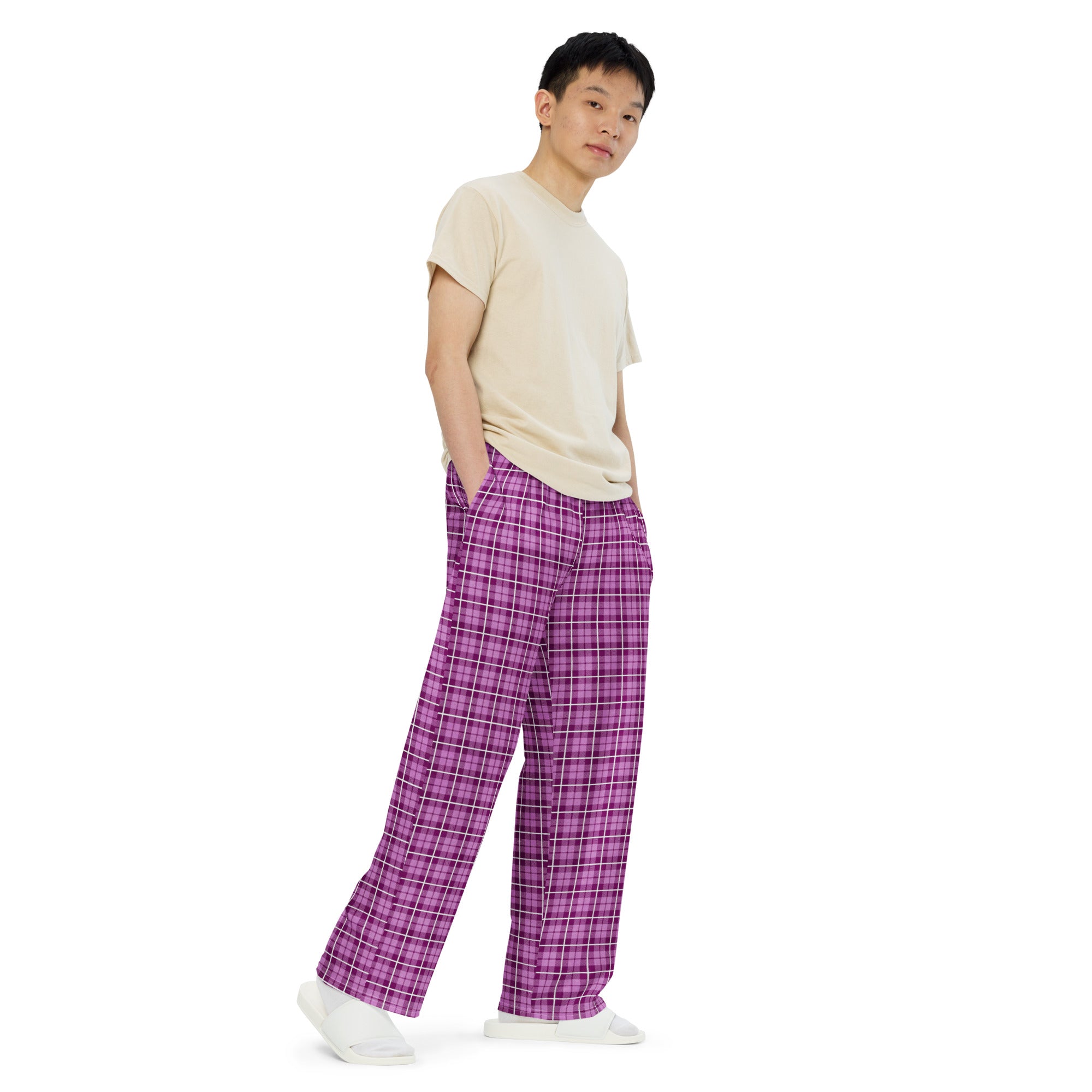 unisex wide-leg pants- Tartan Dark Pink