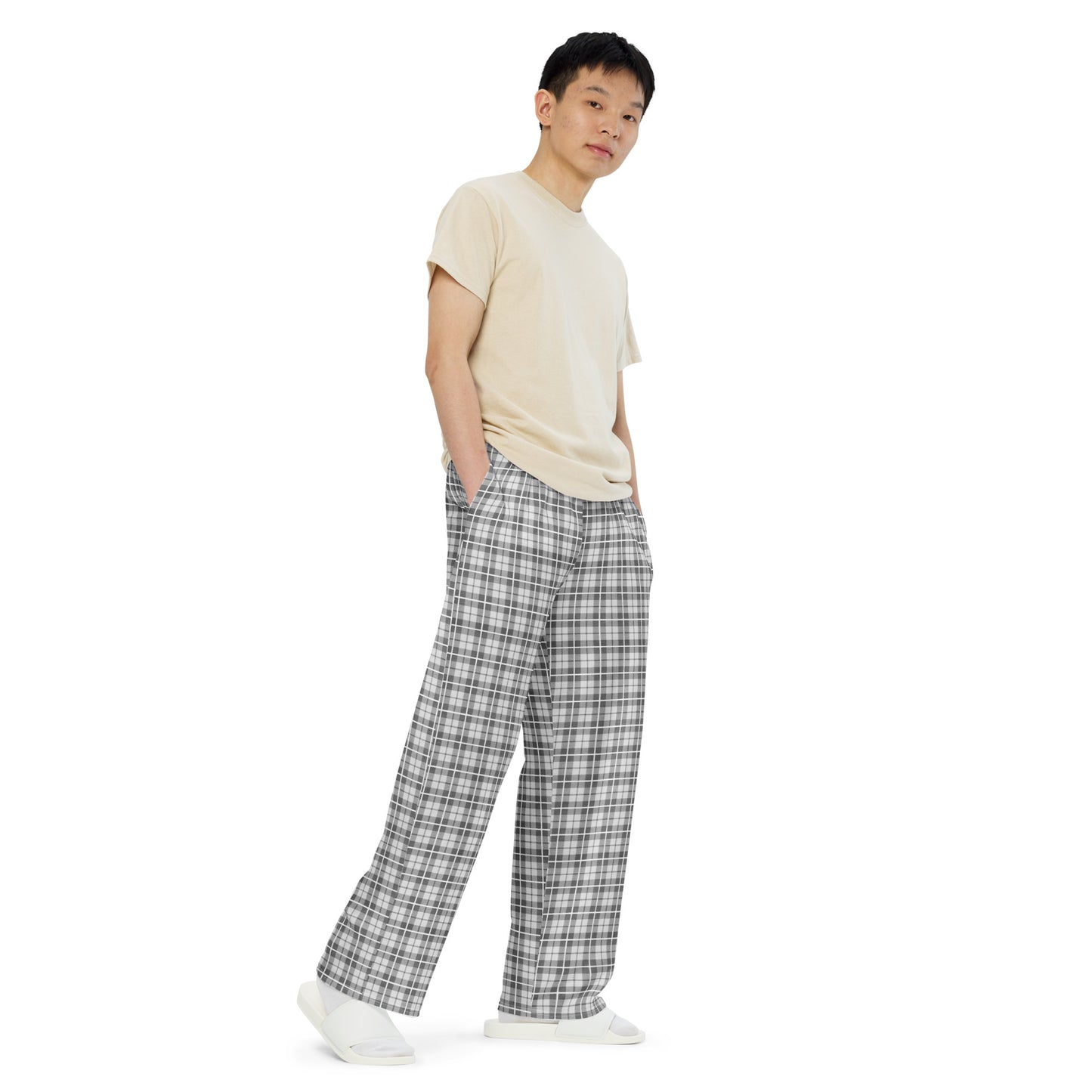 unisex wide-leg pants- Tartan Light grey