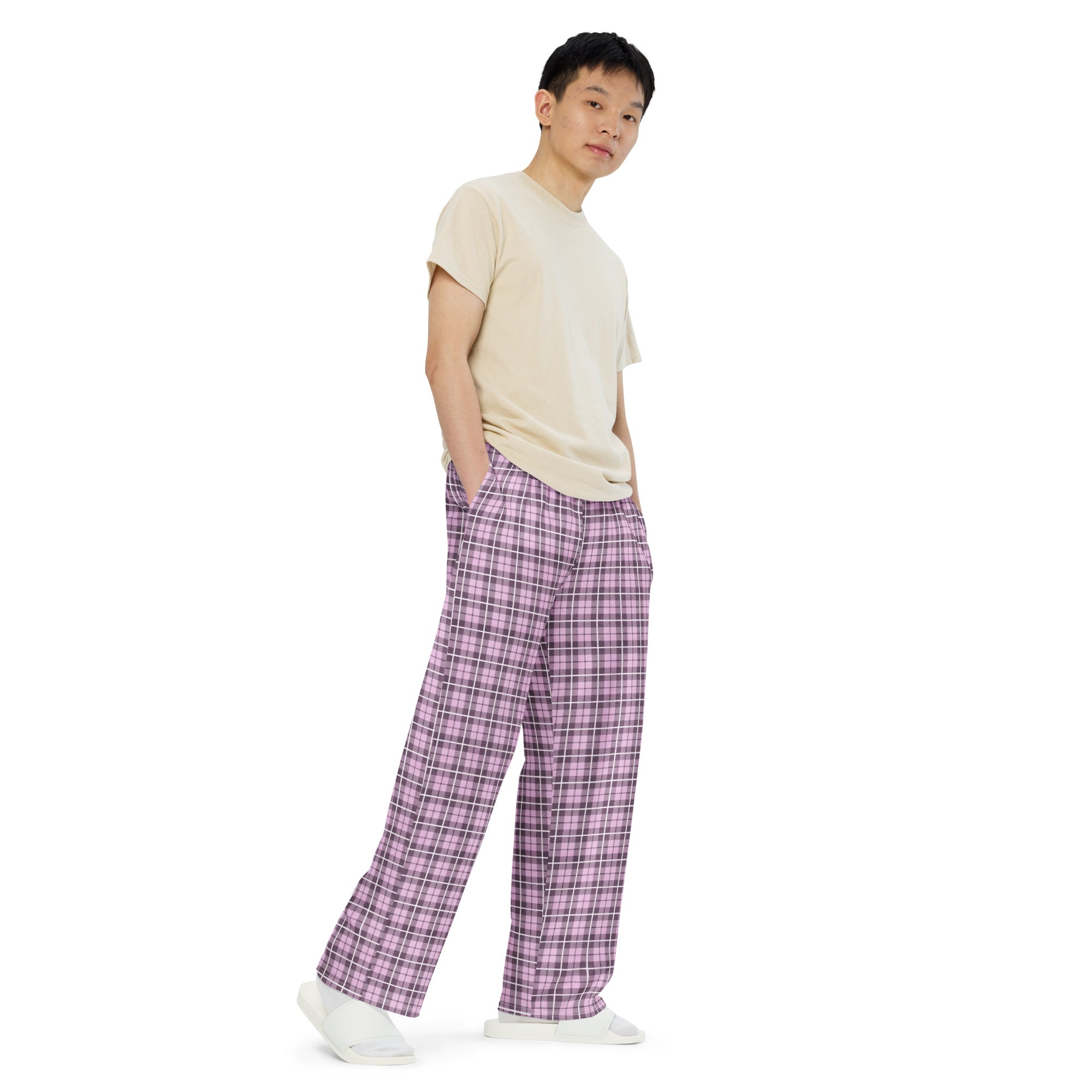 unisex wide-leg pants- Tartan Pink