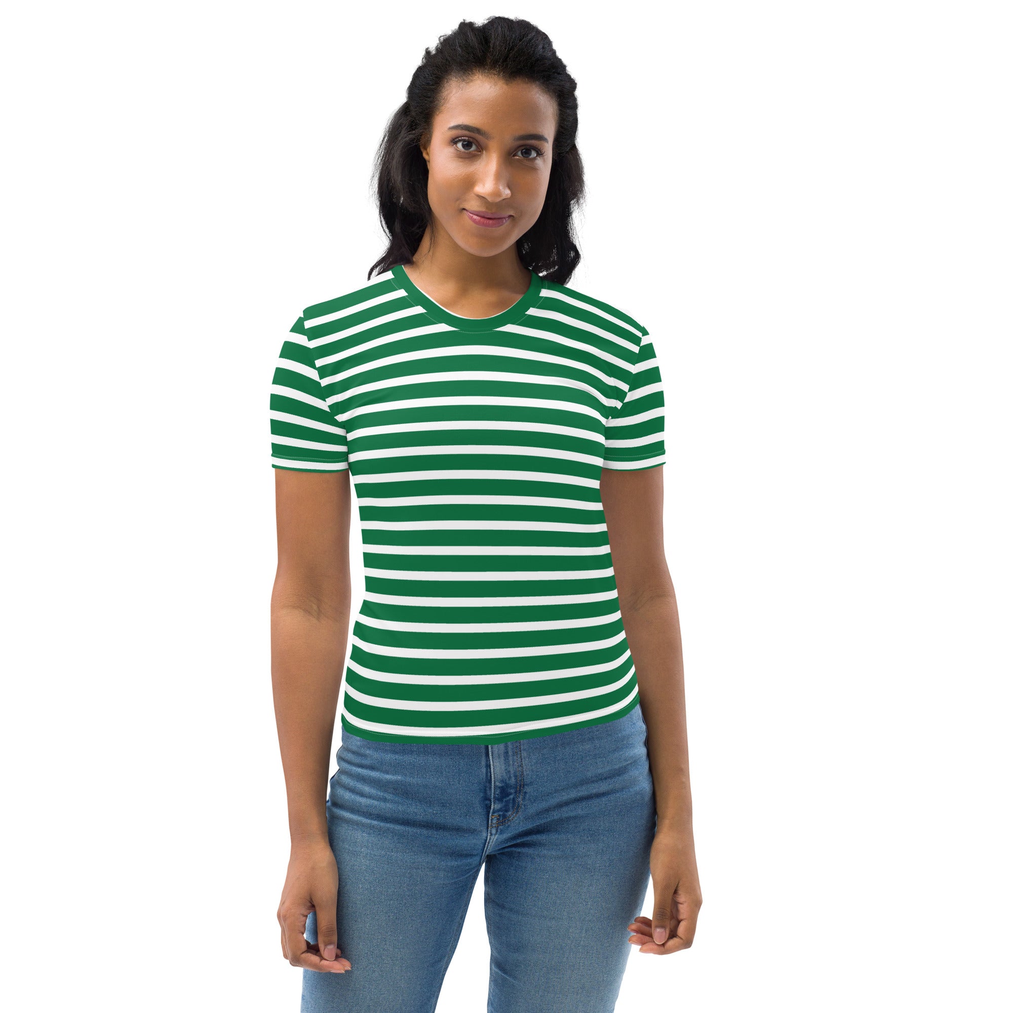 Women's T-shirt- White and Green Striped