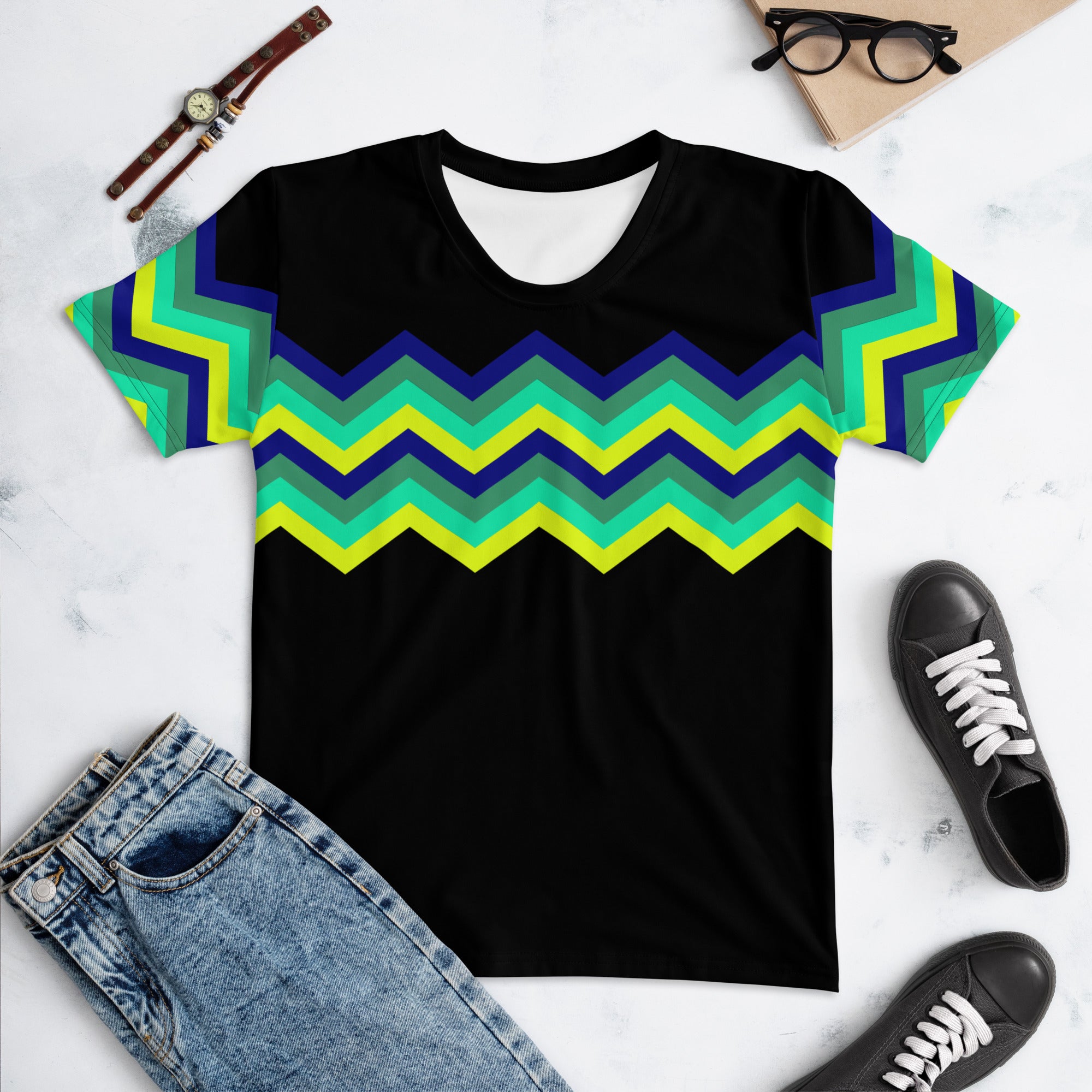 Women's T-shirt-Multicolor Zigzag IV-Black