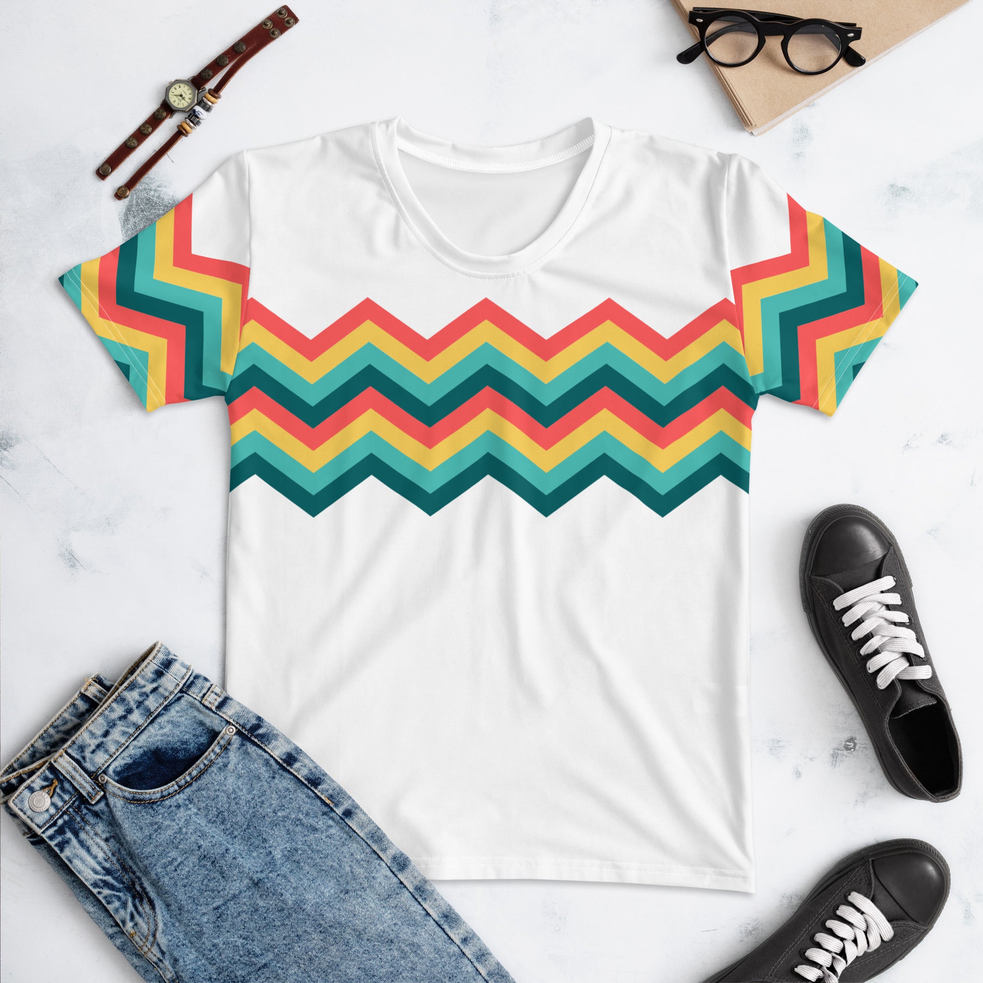 Women's T-shirt-Multicolor Zigzag III-white