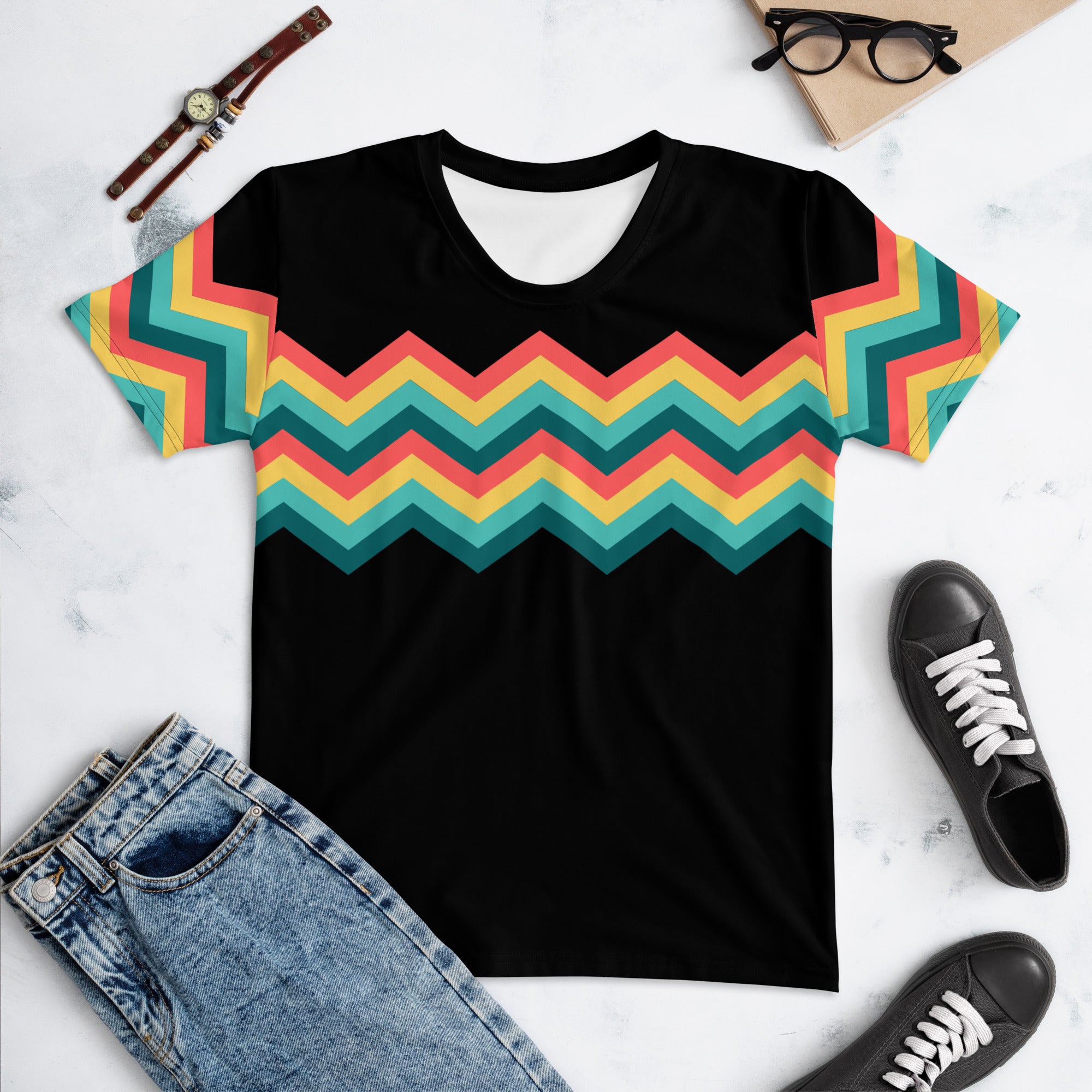 Women's T-shirt-Multicolor Zigzag III-Black