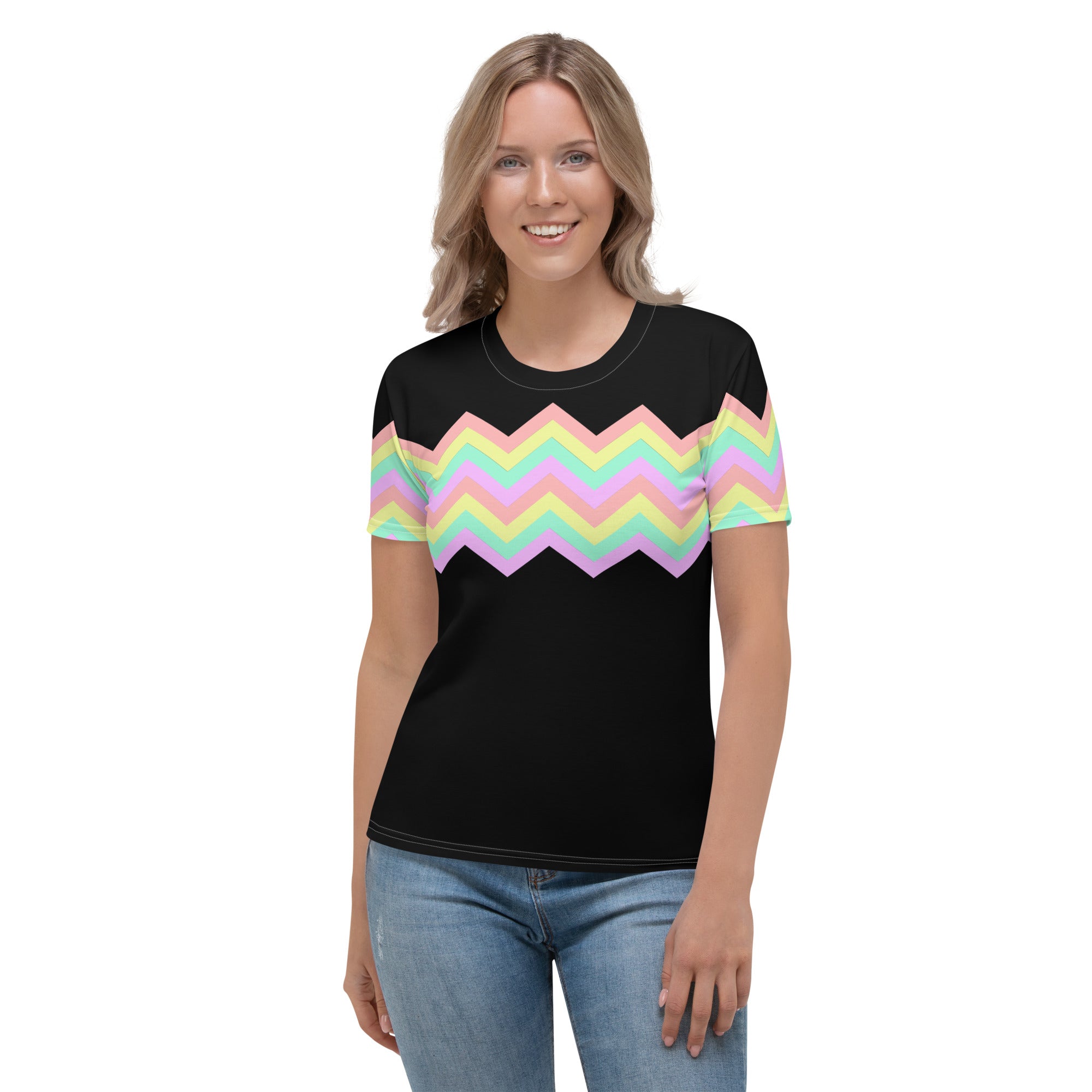 Women's T-shirt-Multicolor Zigzag I-Black