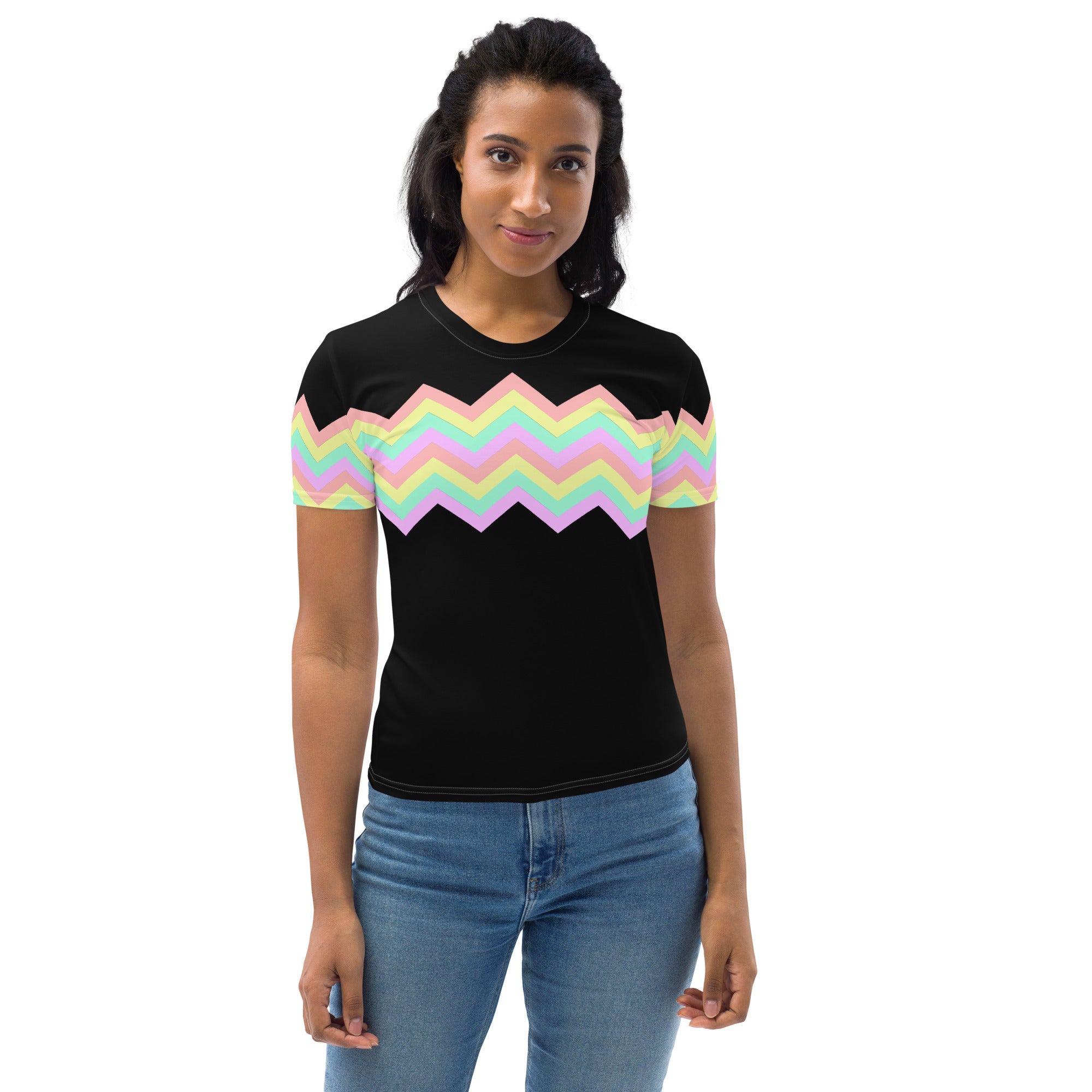 Women's T-shirt-Multicolor Zigzag I-Black