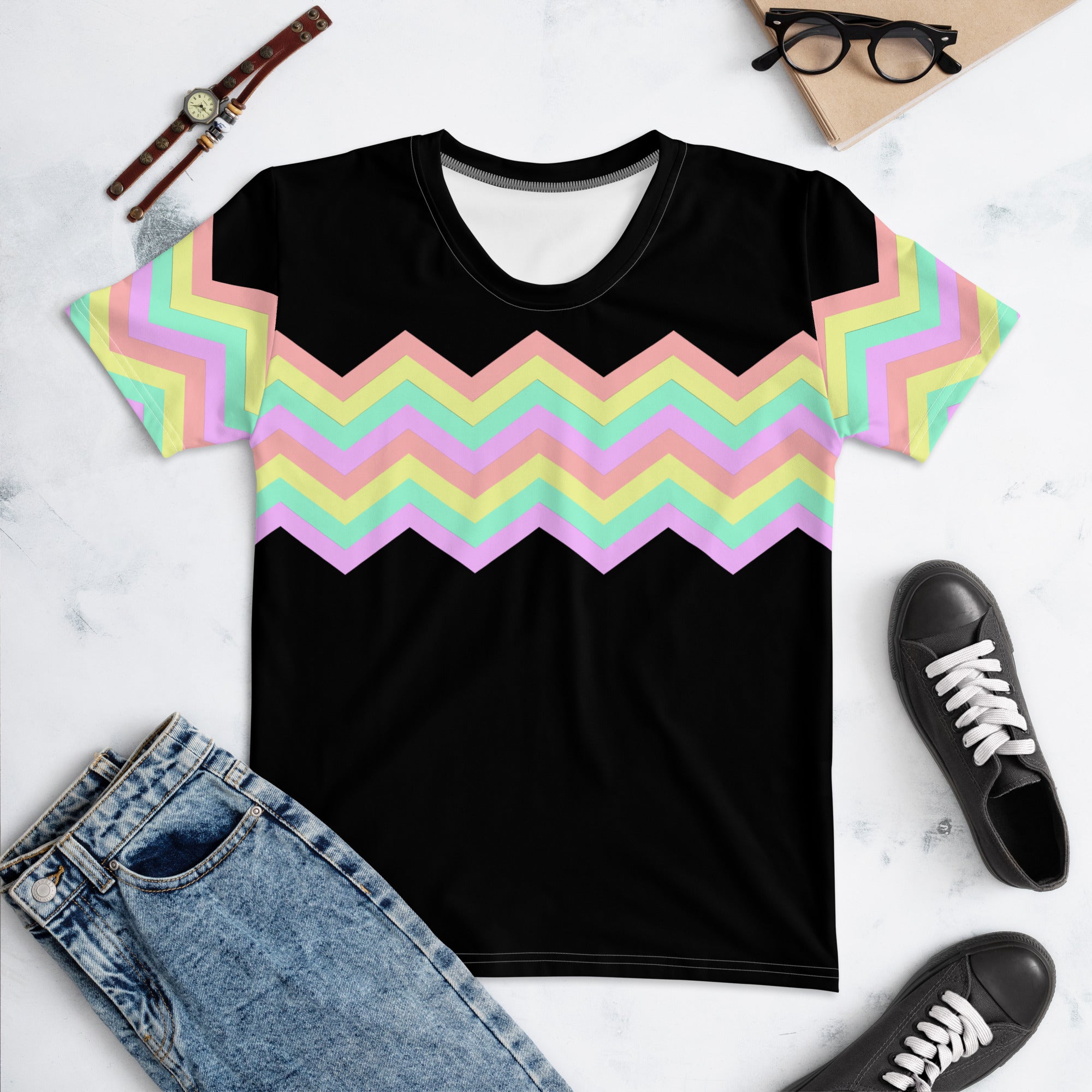 Women's T-shirt-Multicolor Zigzag I-Black