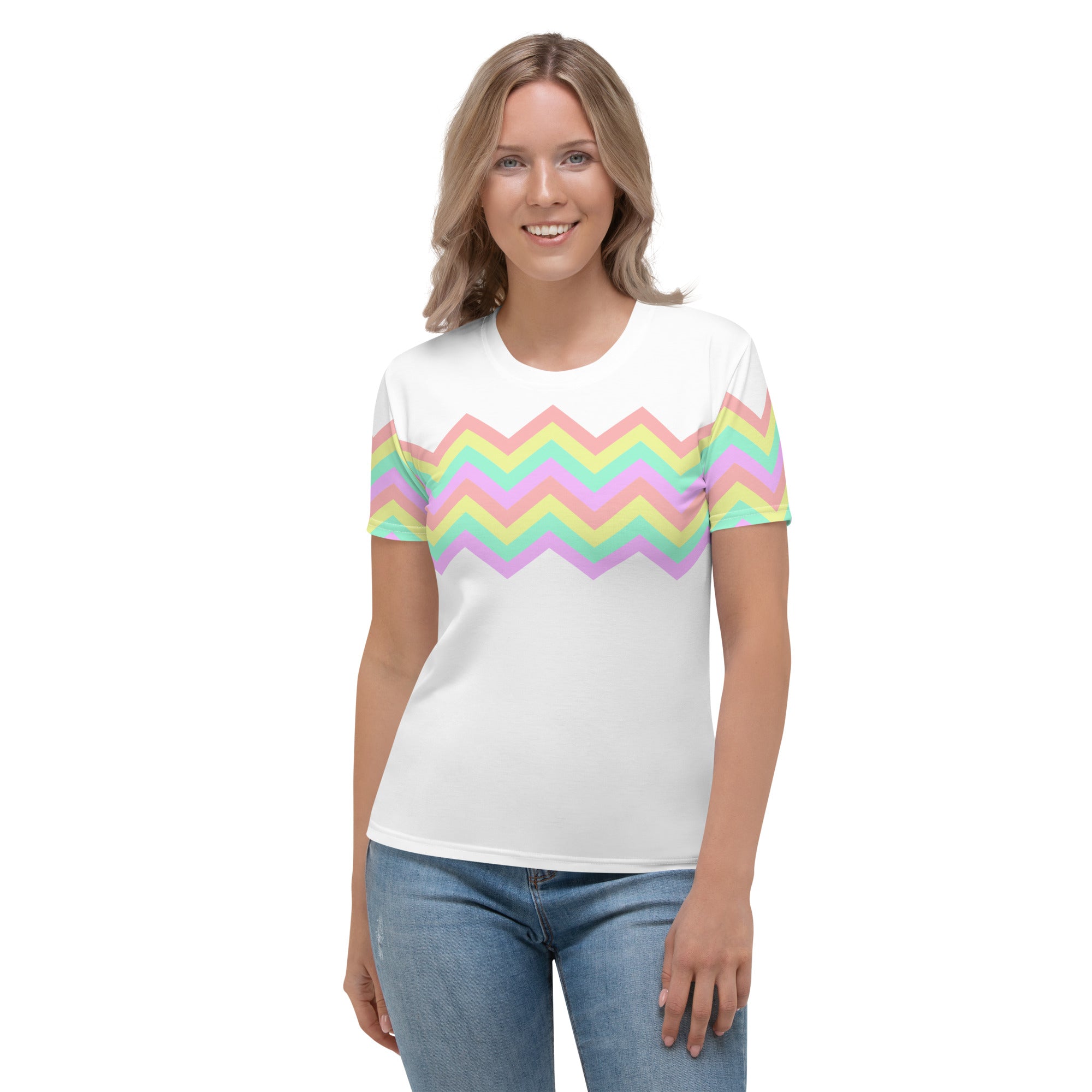 Women's T-shirt-Multicolor Zigzag I-White