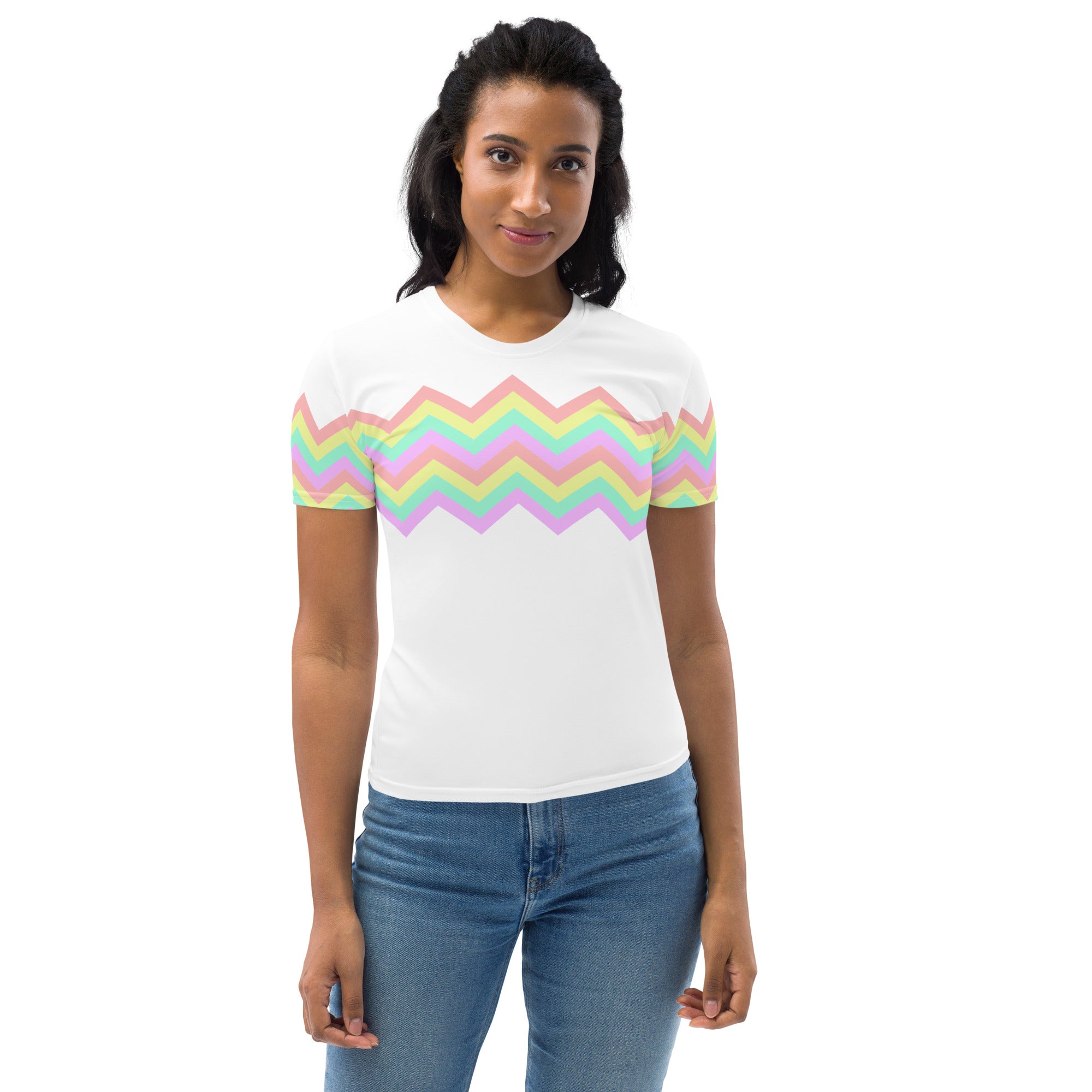 Women's T-shirt-Multicolor Zigzag I-White