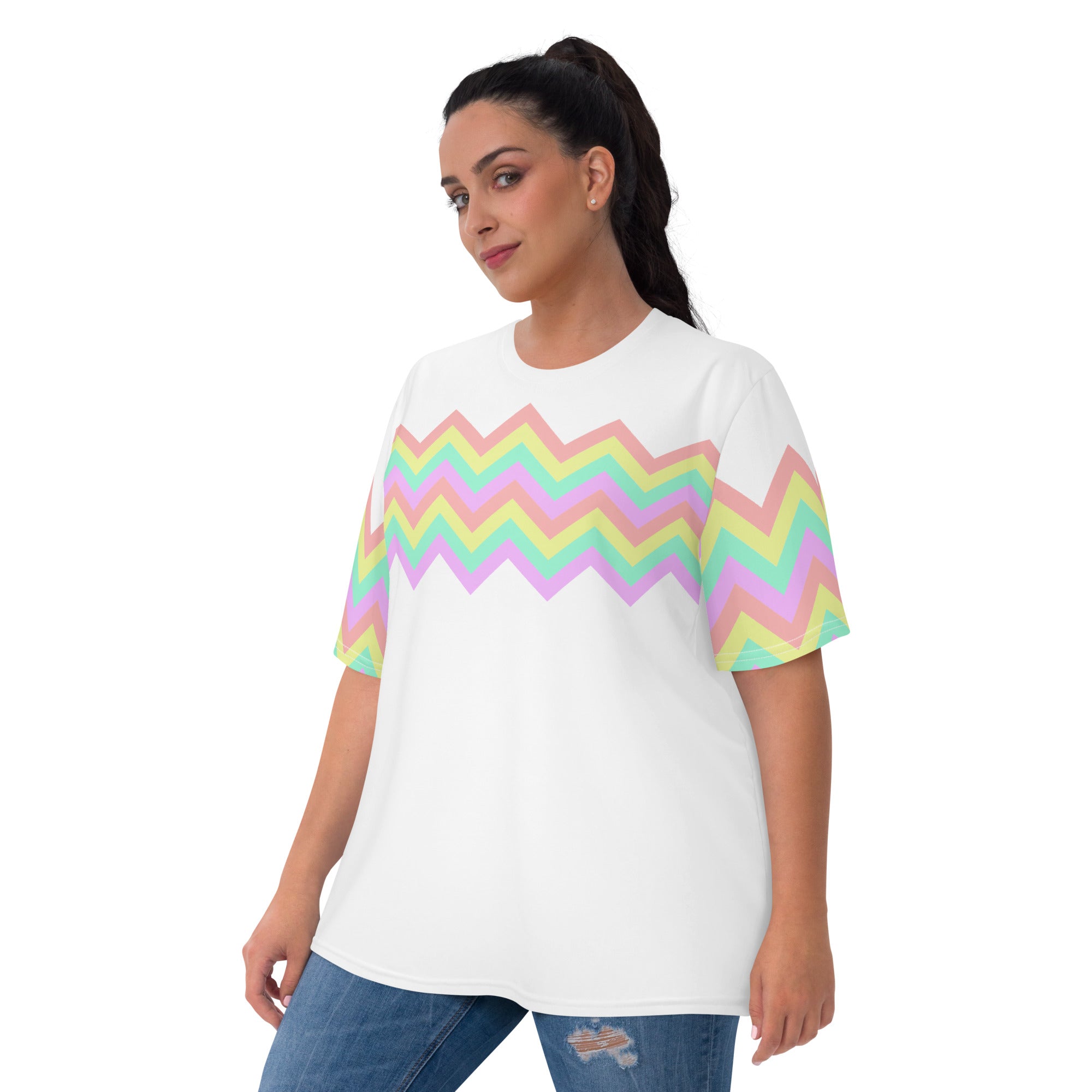 Women's T-shirt-Multicolor Zigzag I-White