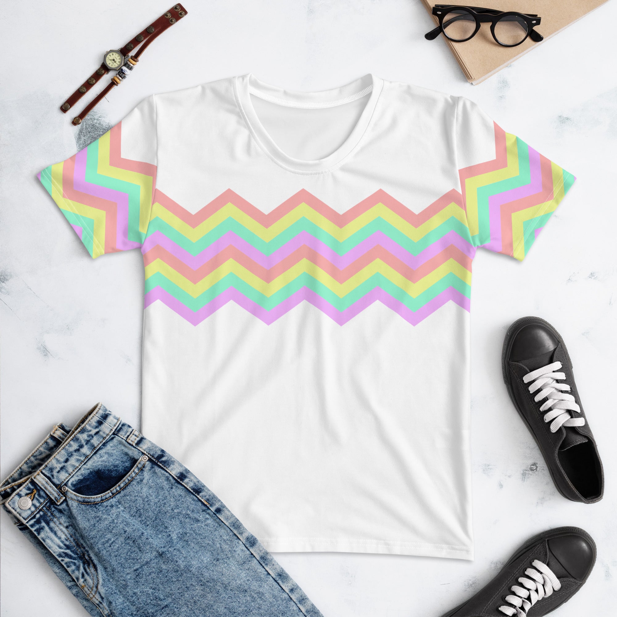 Women's T-shirt-Multicolor Zigzag I-White