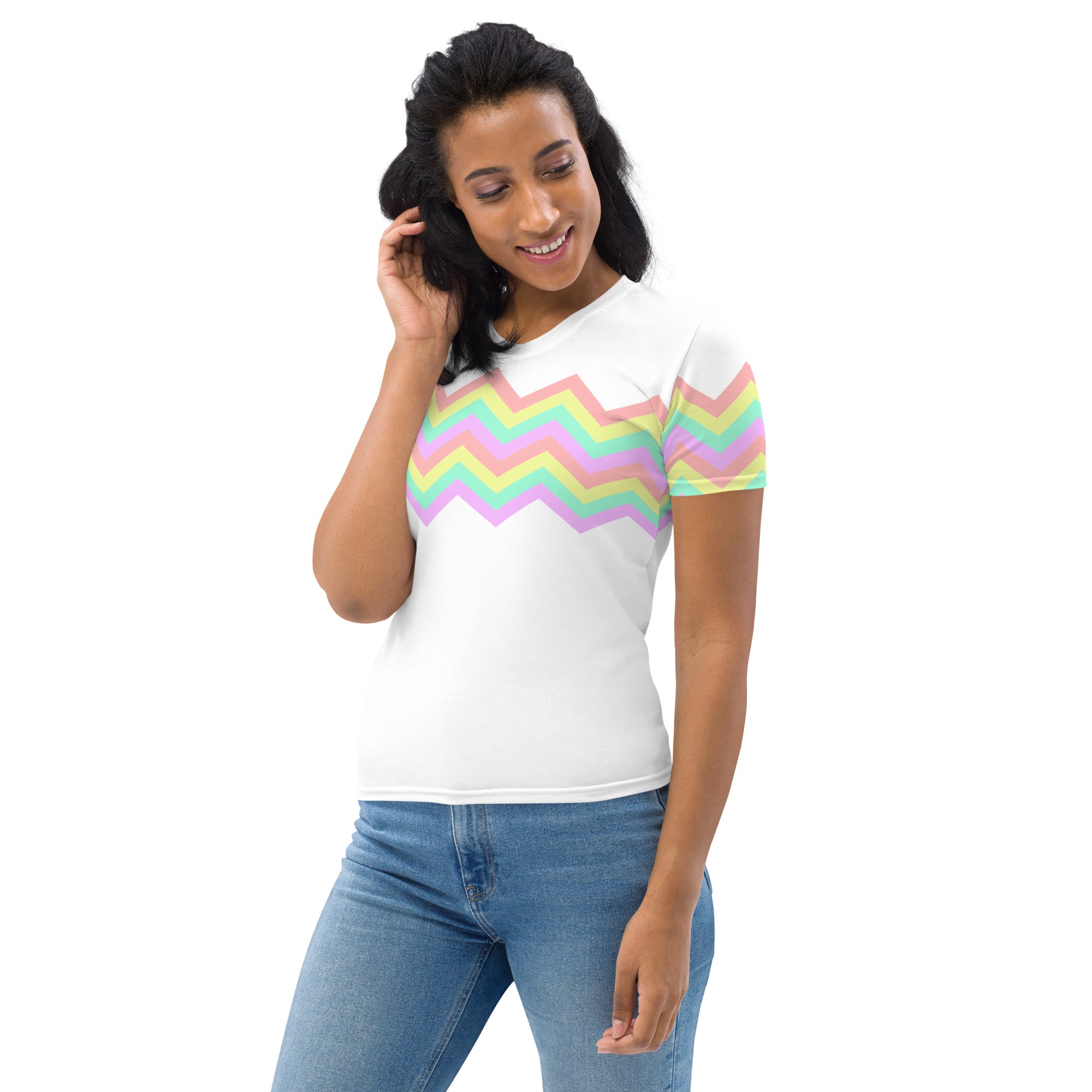 Women's T-shirt-Multicolor Zigzag I-White