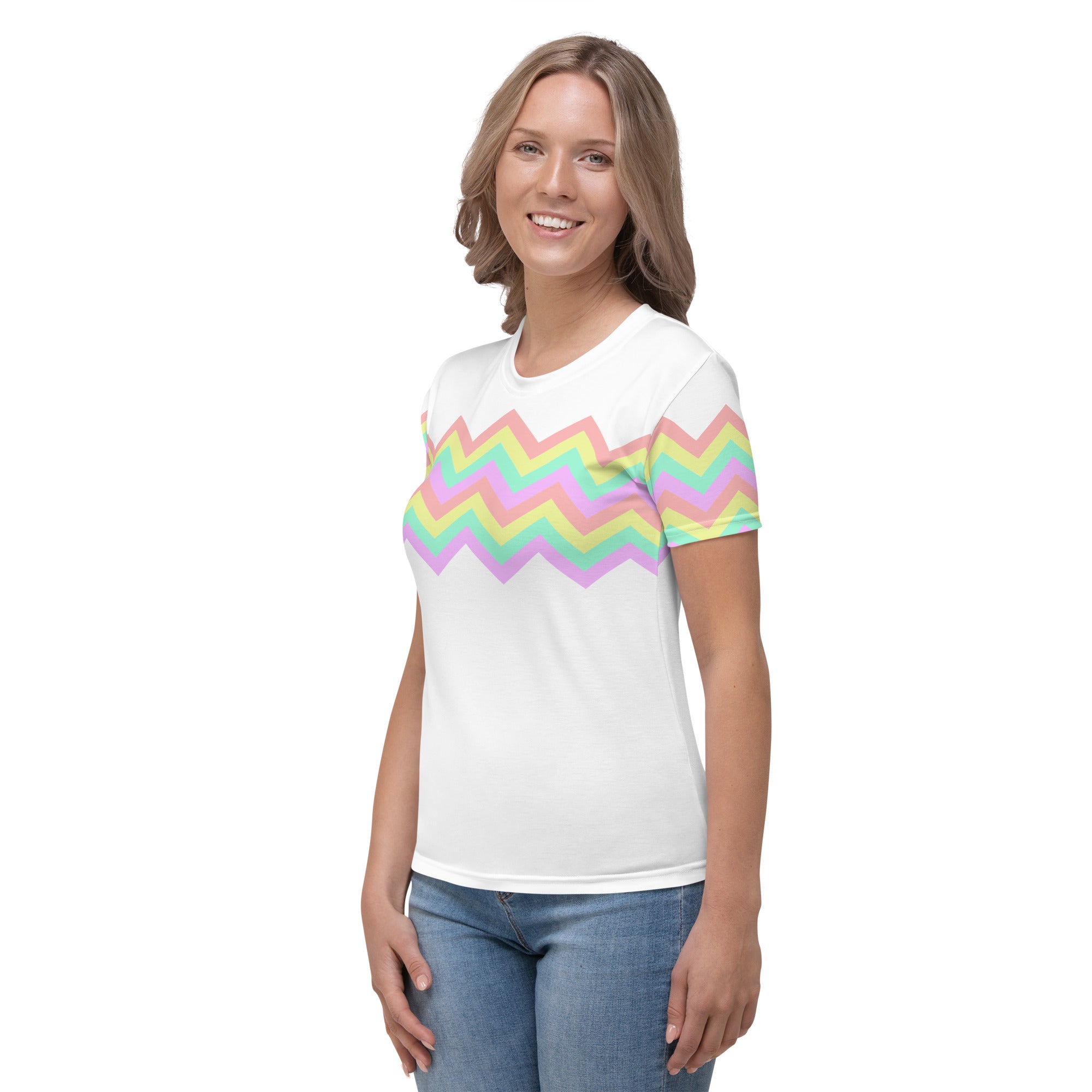 Women's T-shirt-Multicolor Zigzag I-White