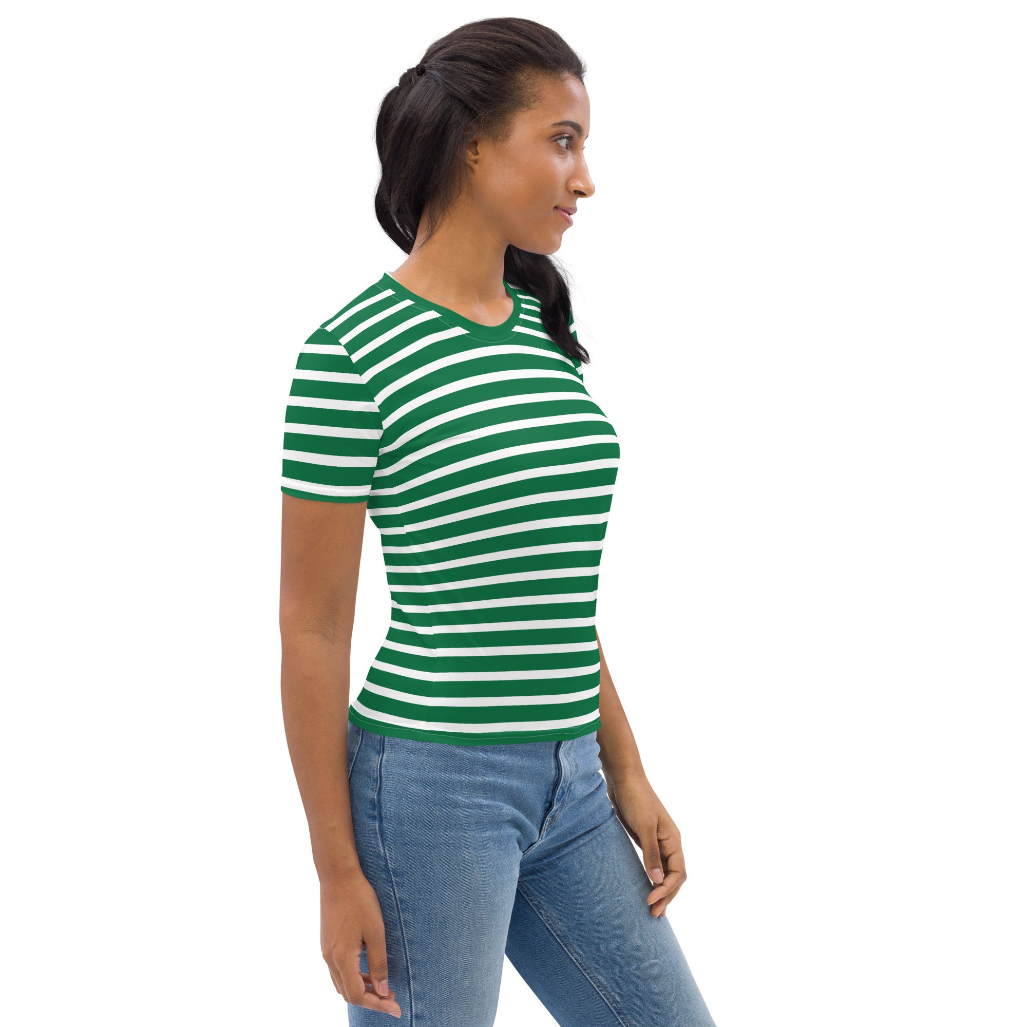 Women's T-shirt- White and Green Striped