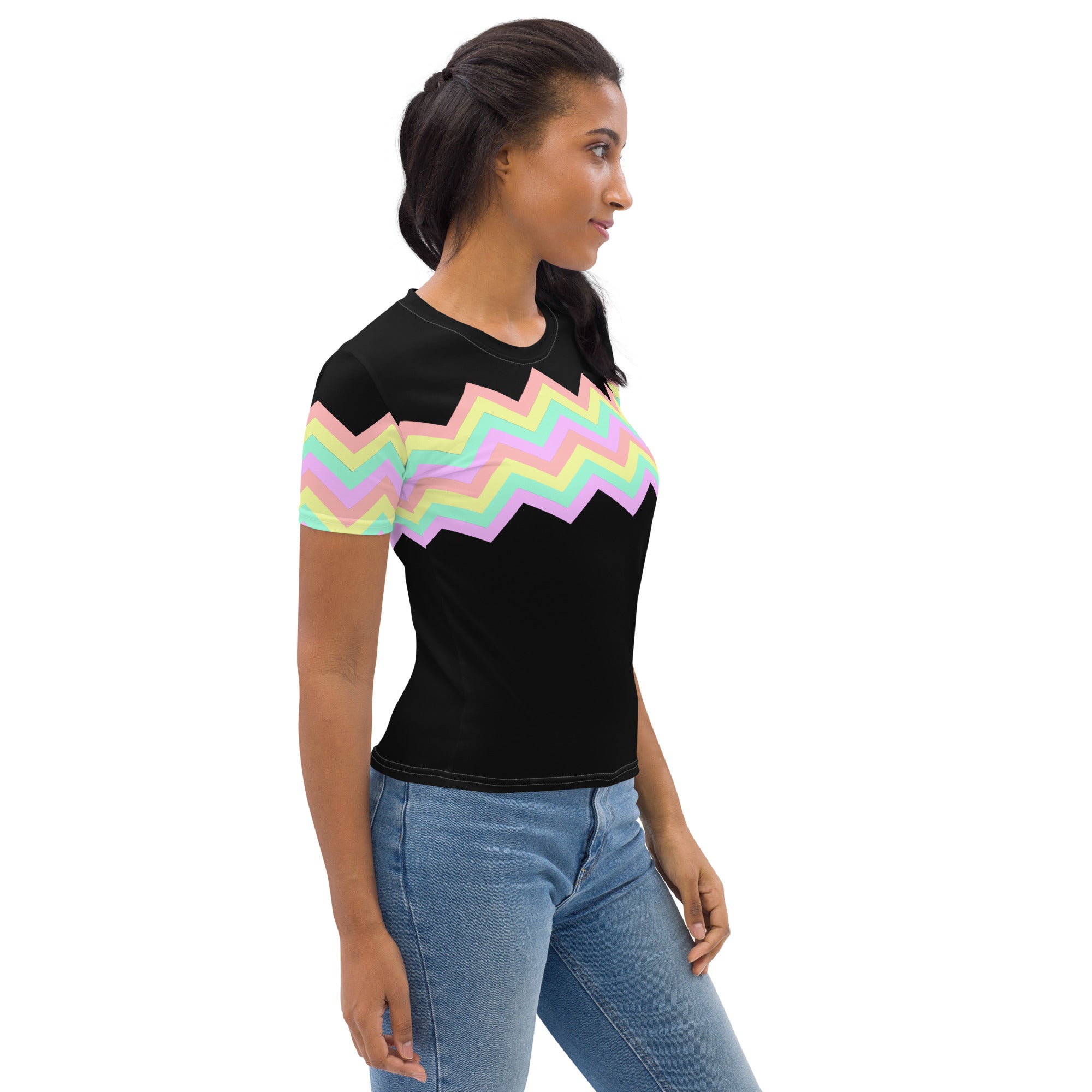 Women's T-shirt-Multicolor Zigzag I-Black