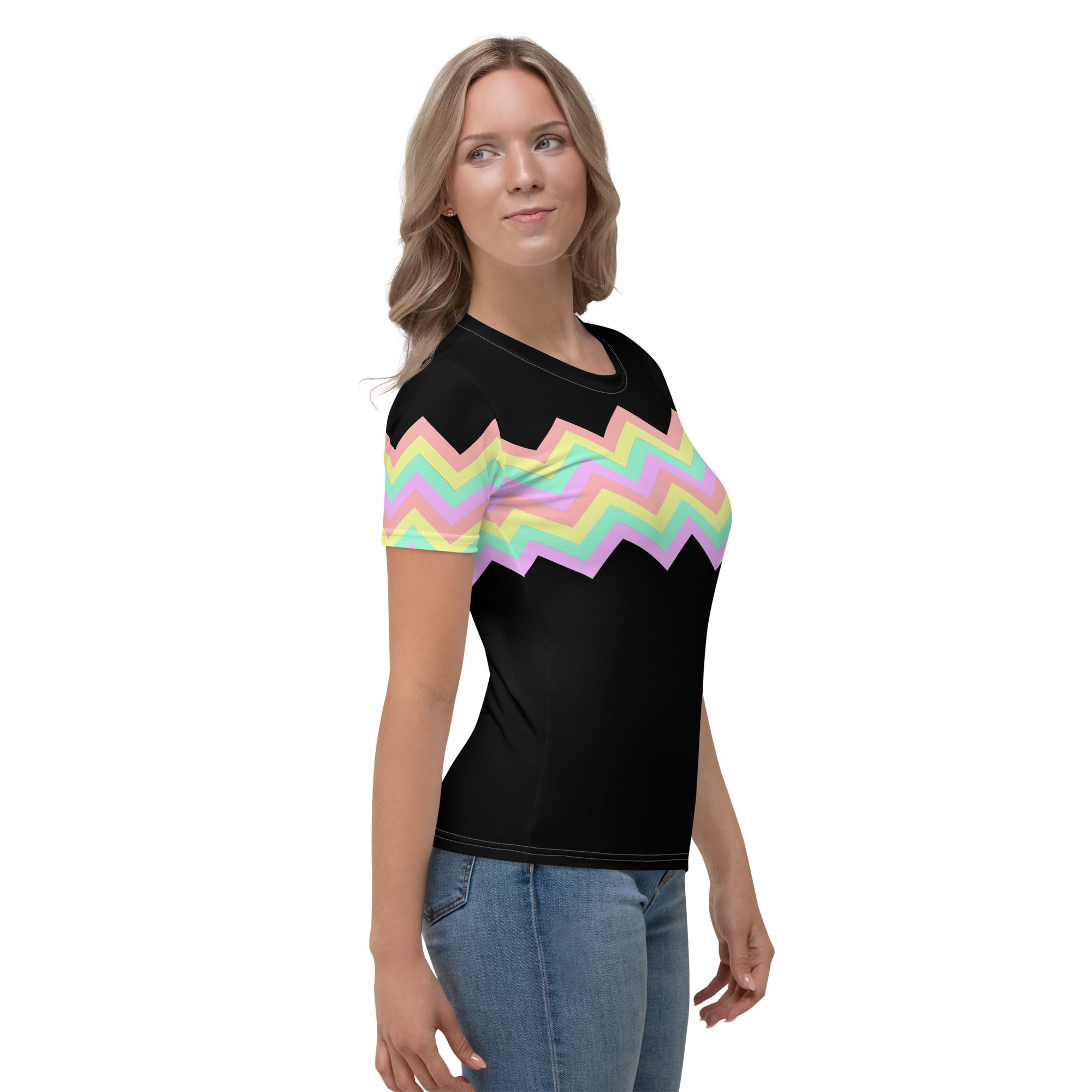 Women's T-shirt-Multicolor Zigzag I-Black