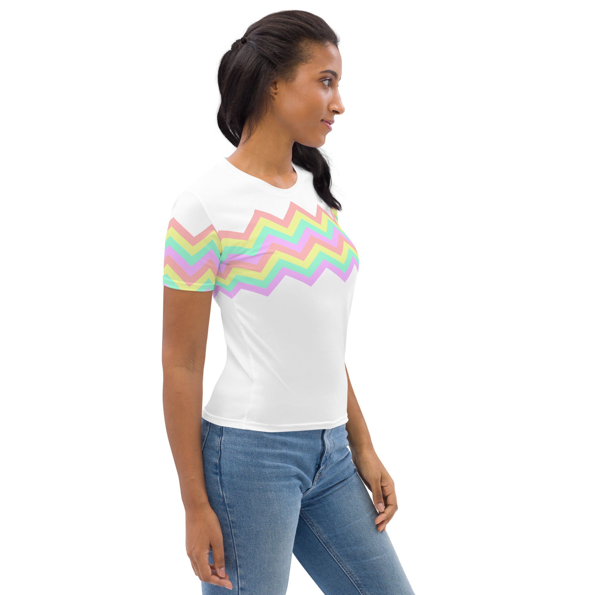 Women's T-shirt-Multicolor Zigzag I-White