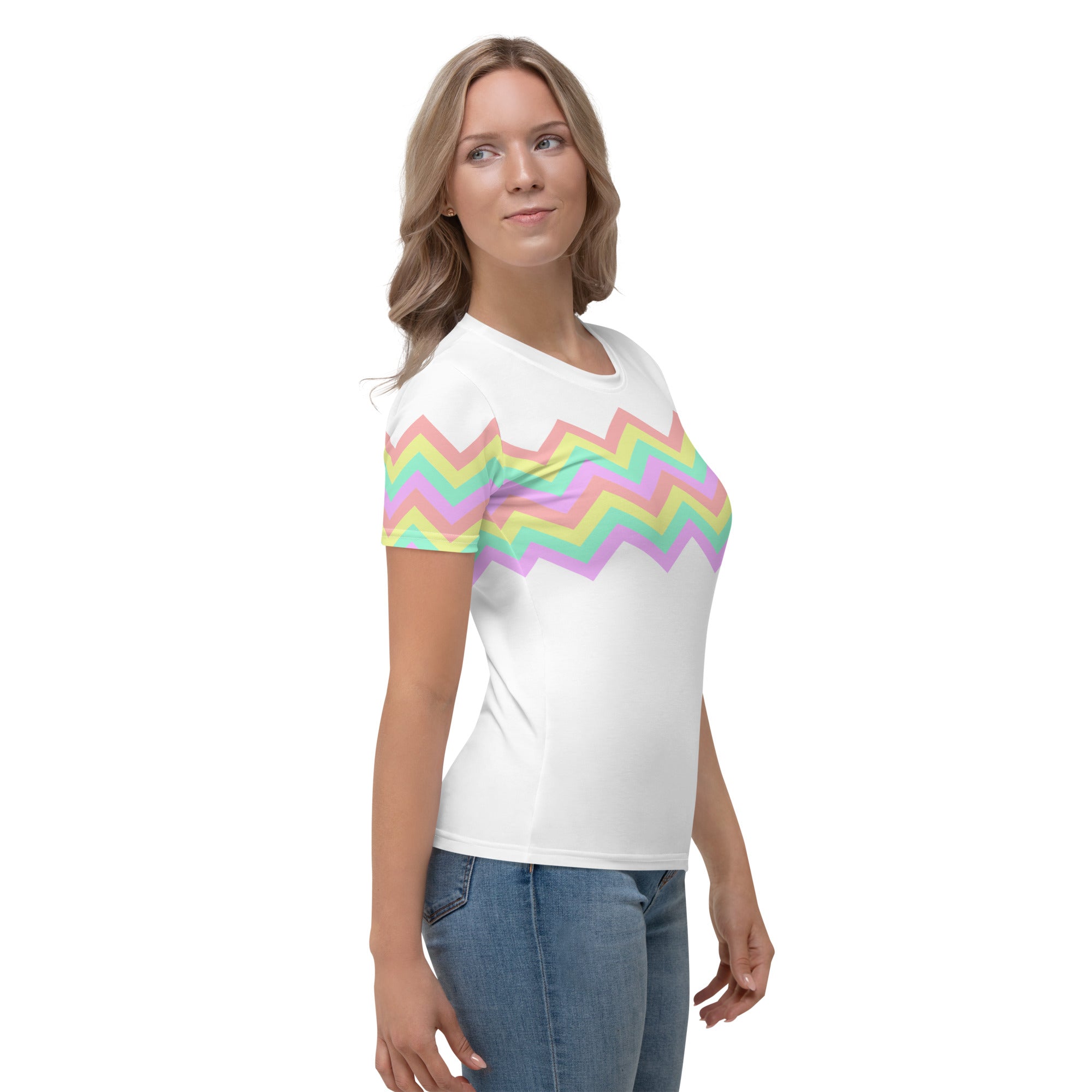 Women's T-shirt-Multicolor Zigzag I-White