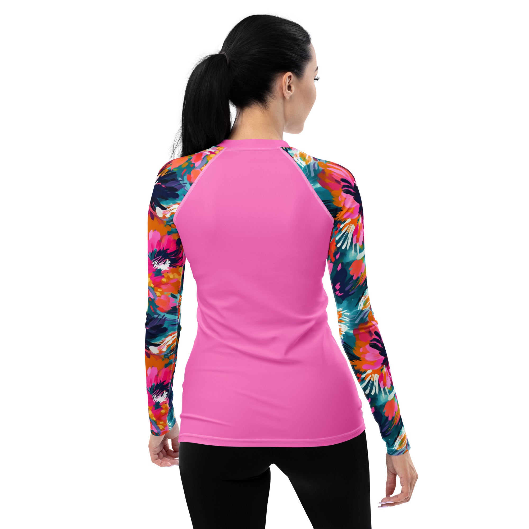 Women's Rash Guard-Watercolor flowers Dark Pink