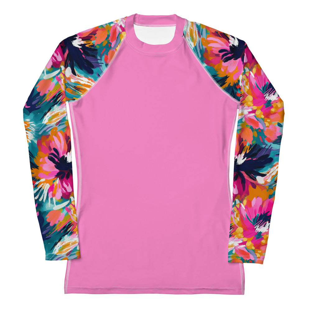 Women's Rash Guard-Watercolor flowers Dark Pink