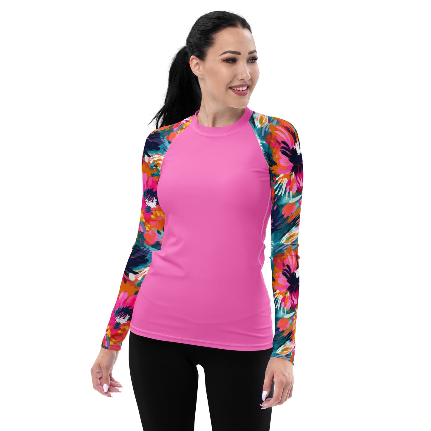 Women's Rash Guard-Watercolor flowers Dark Pink