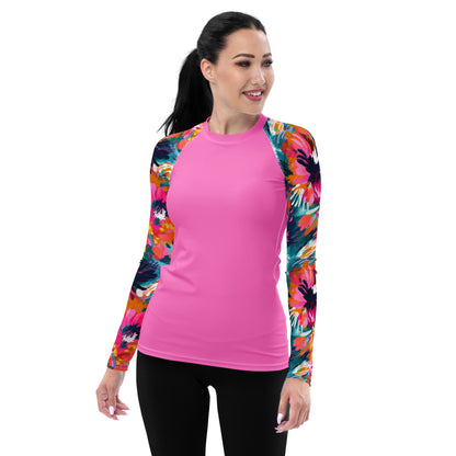 Women's Rash Guard-Watercolor flowers Dark Pink