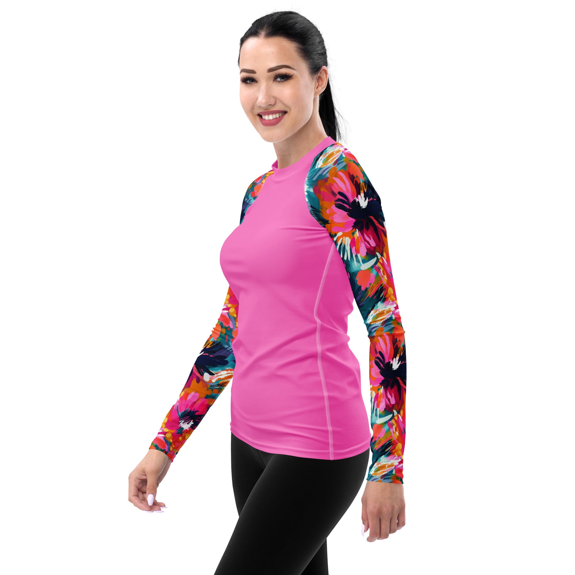 Women's Rash Guard-Watercolor flowers Dark Pink