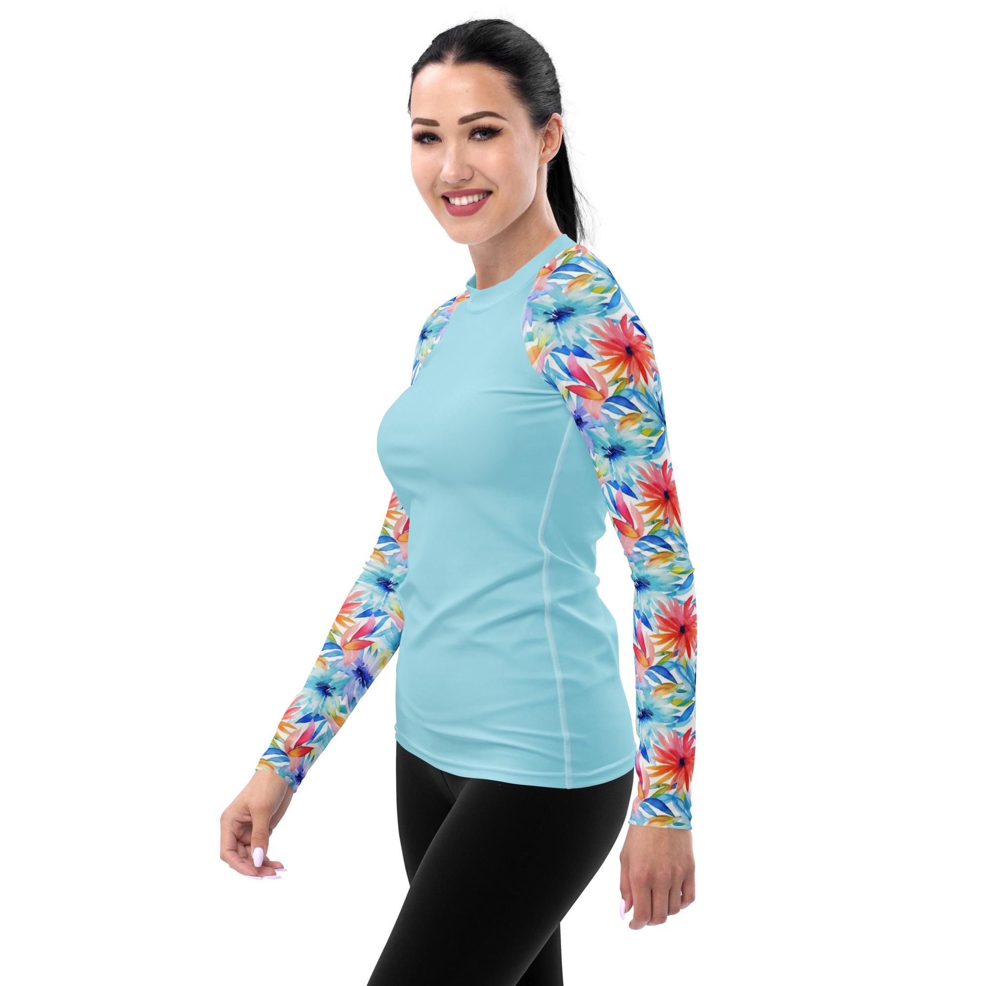 Women's Rash Guard- Watercolor flowers Cyan