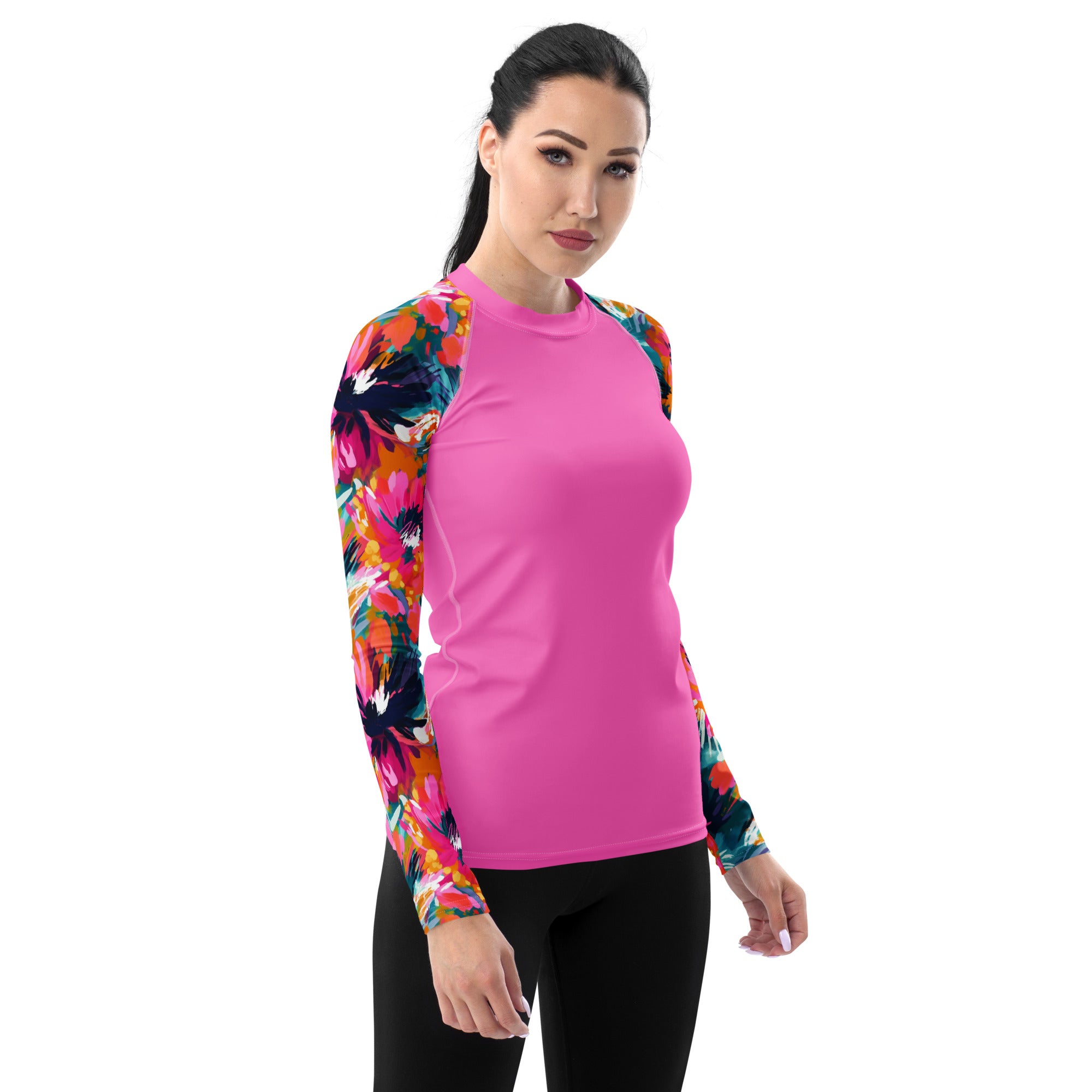 Women's Rash Guard-Watercolor flowers Dark Pink