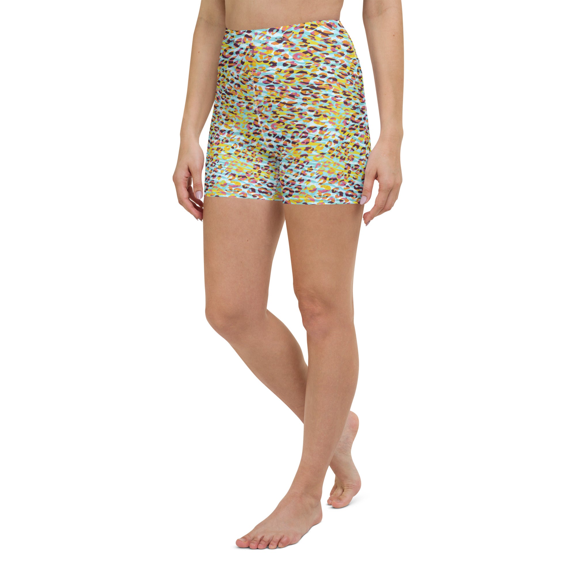 Yoga Shorts- ZEBRA AND LEOPARD PRINT CYAN WITH YELLOW