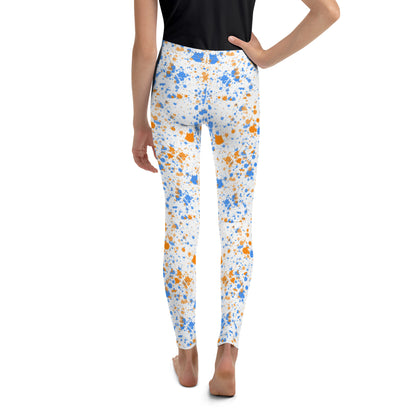 Youth Leggings- Paint splatters Blue with Orange