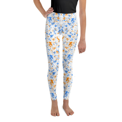 Youth Leggings- Paint splatters Blue with Orange