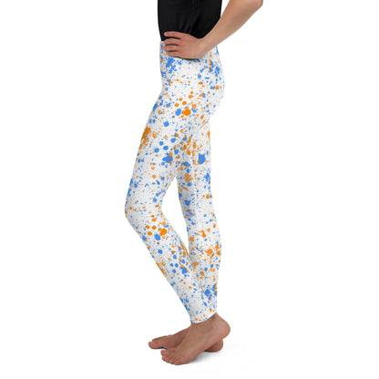 Youth Leggings- Paint splatters Blue with Orange