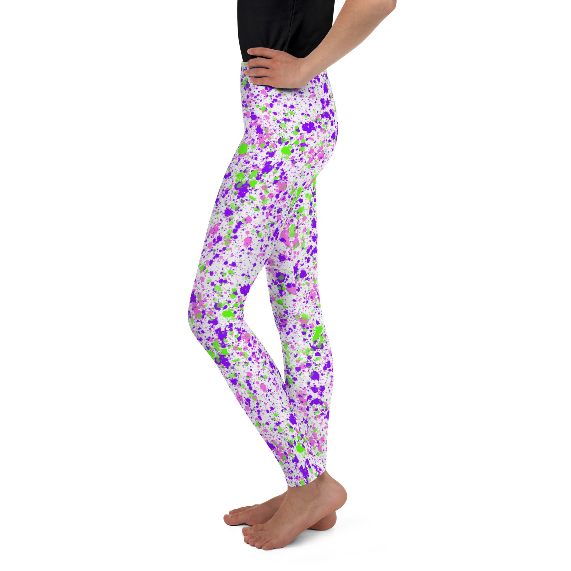 Youth Leggings- Paint splatters Green with Blue