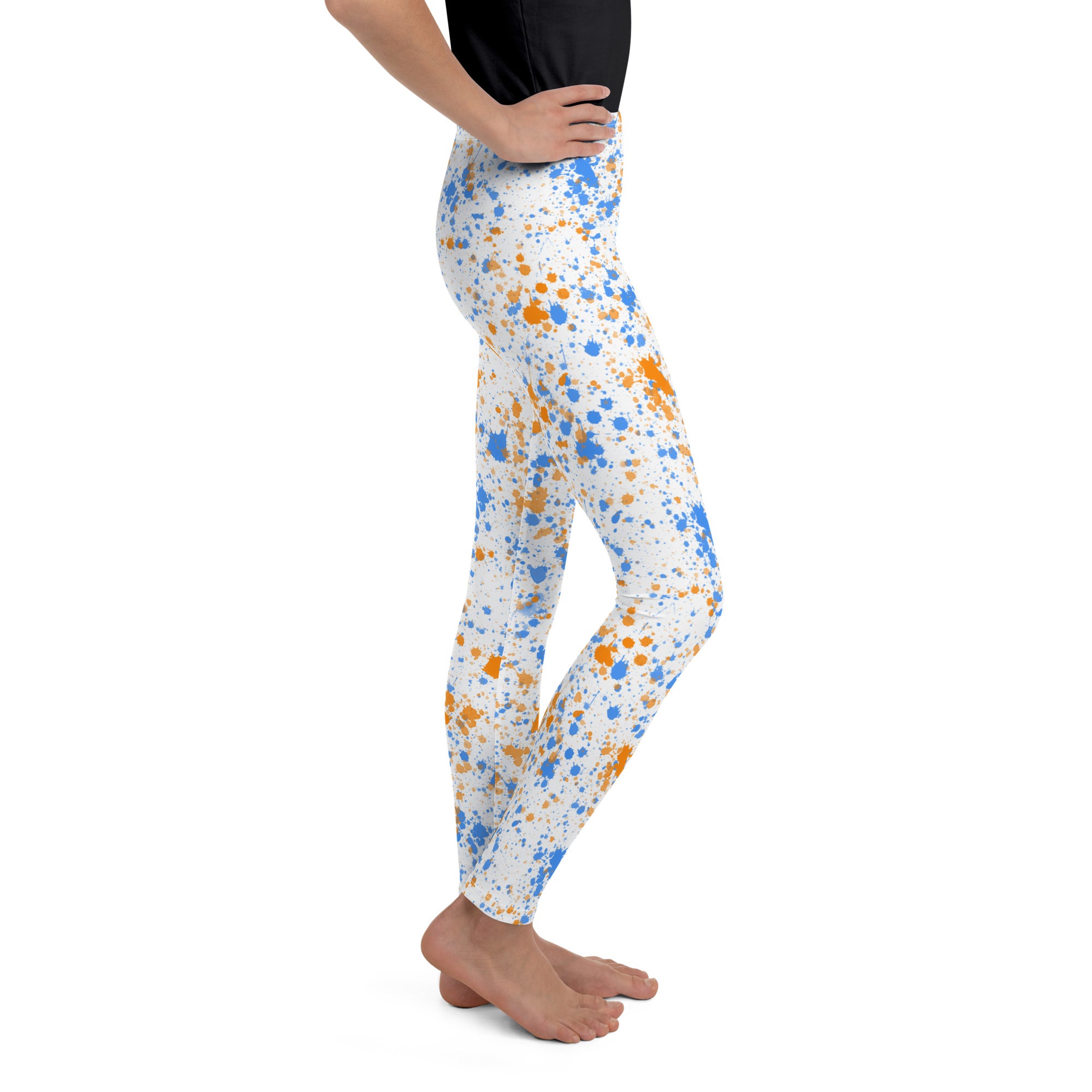 Youth Leggings- Paint splatters Blue with Orange