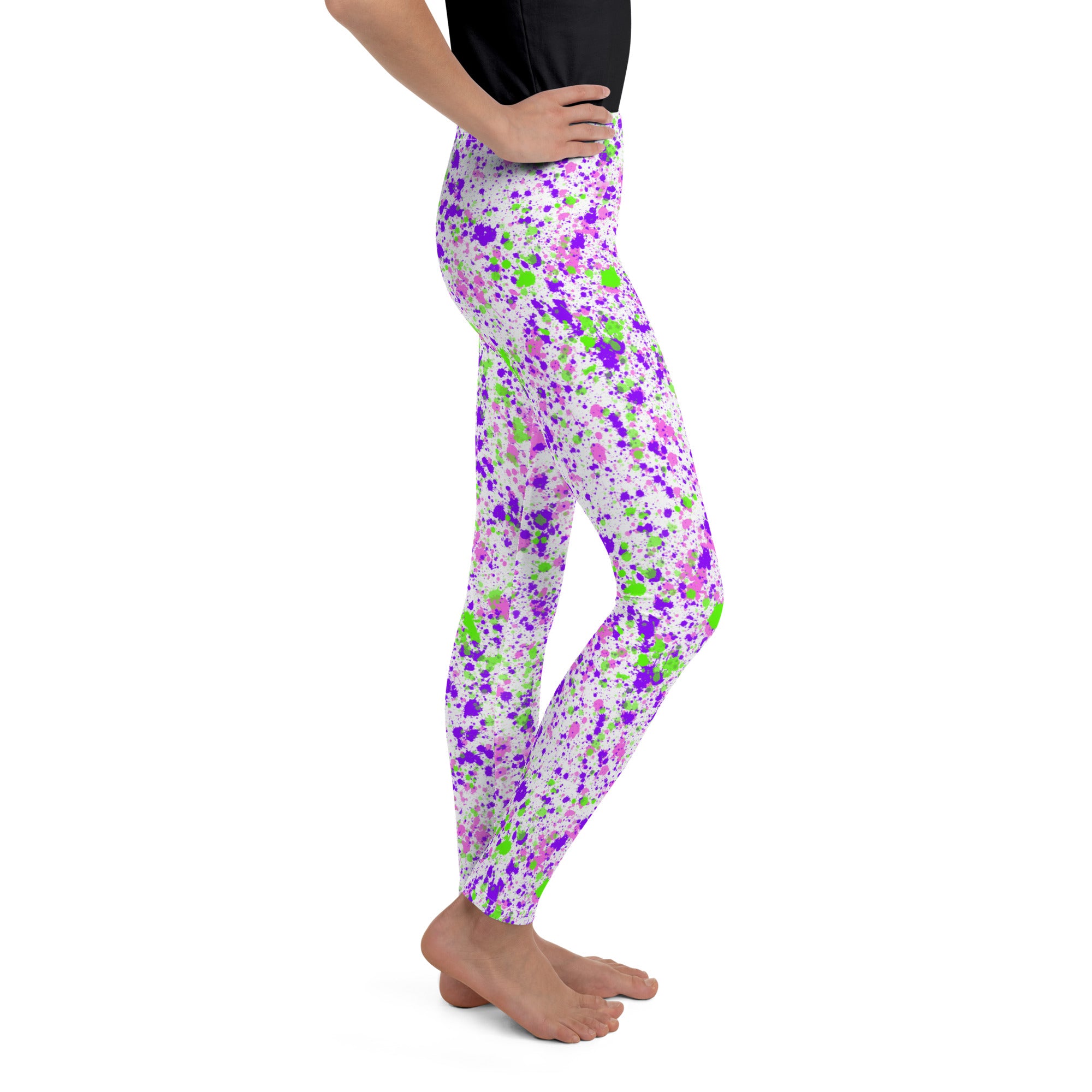 Youth Leggings- Paint splatters Green with Blue
