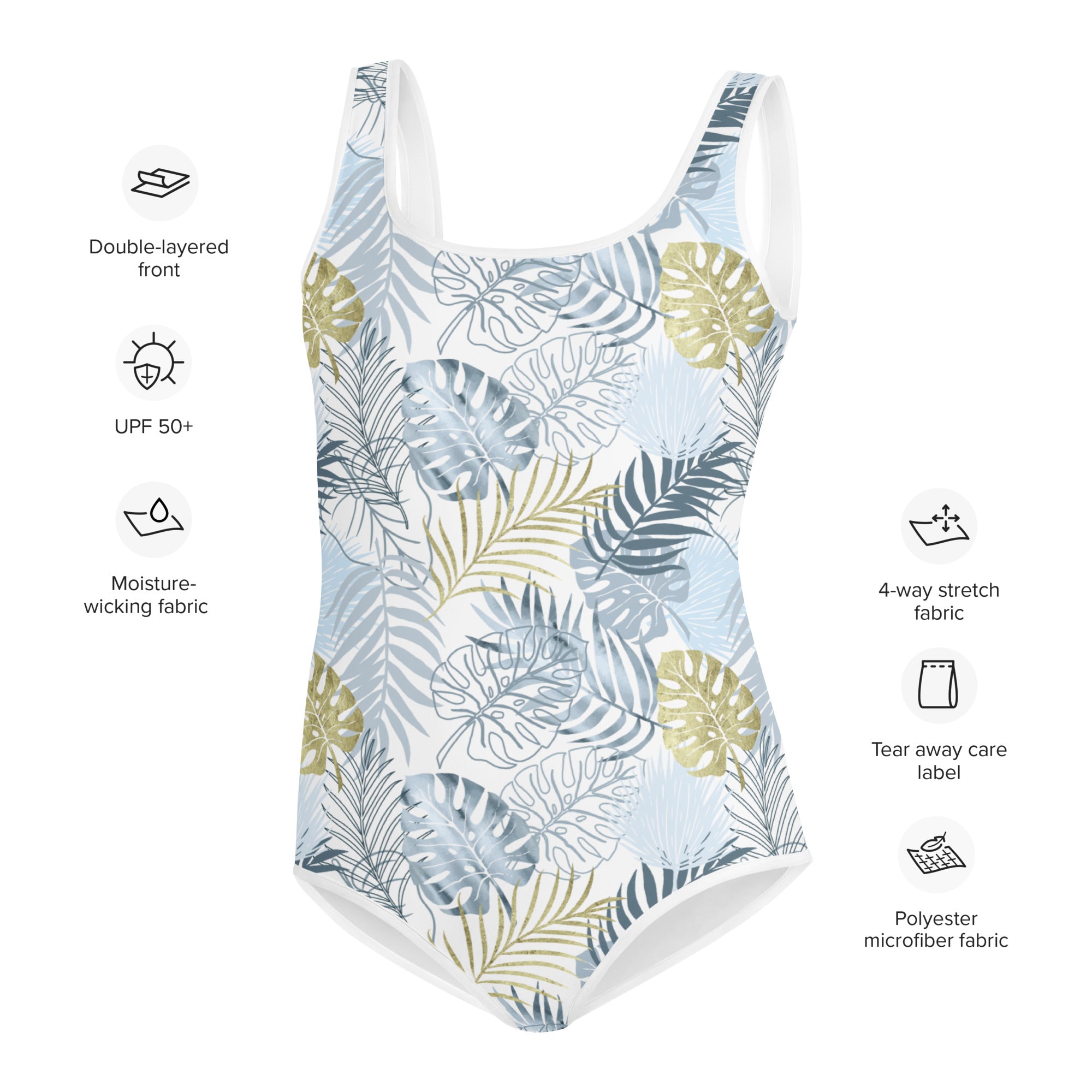 Youth Swimsuit- TROPICAL LEAFS WHITE
