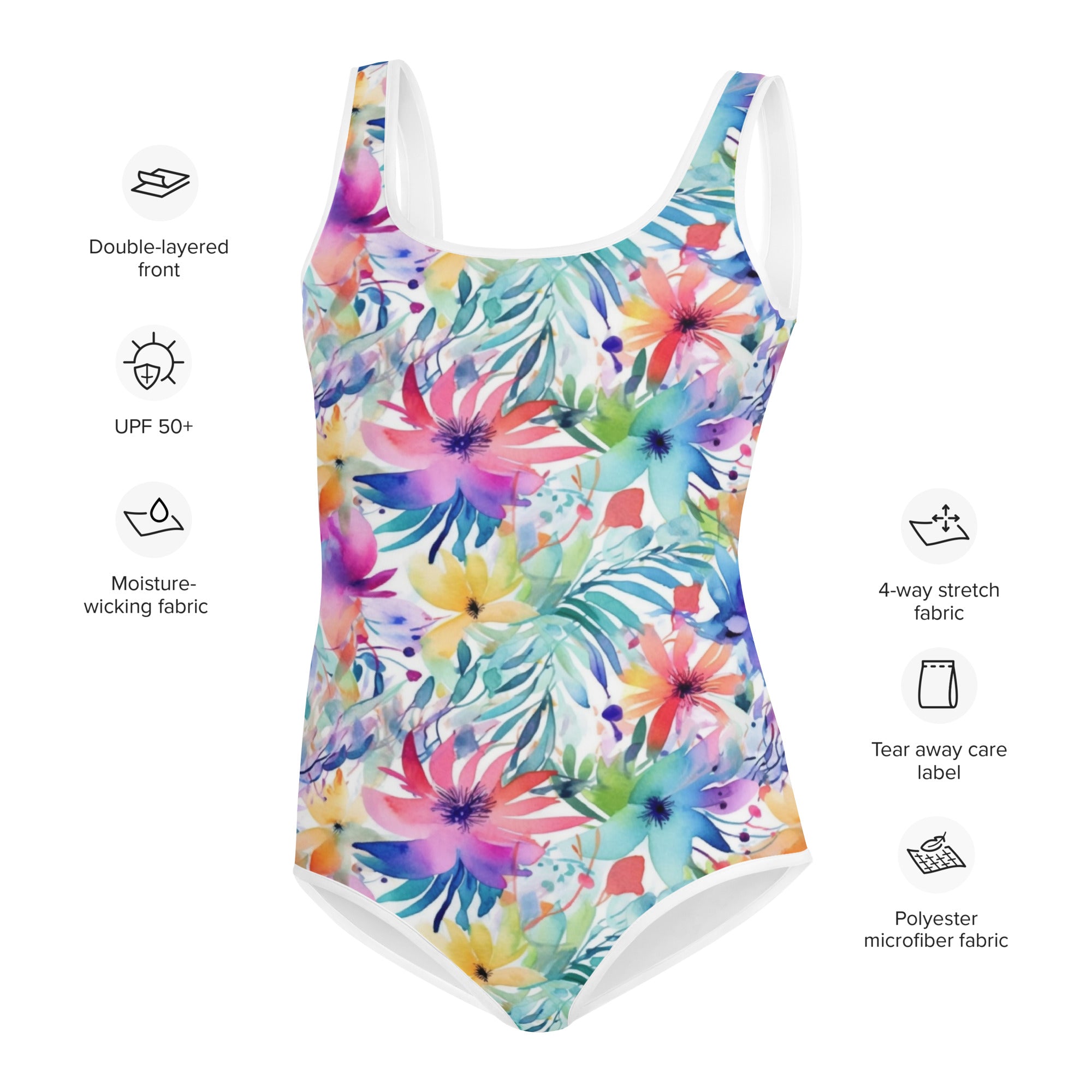 Youth Swimsuit- Watercolor summer flowers 01