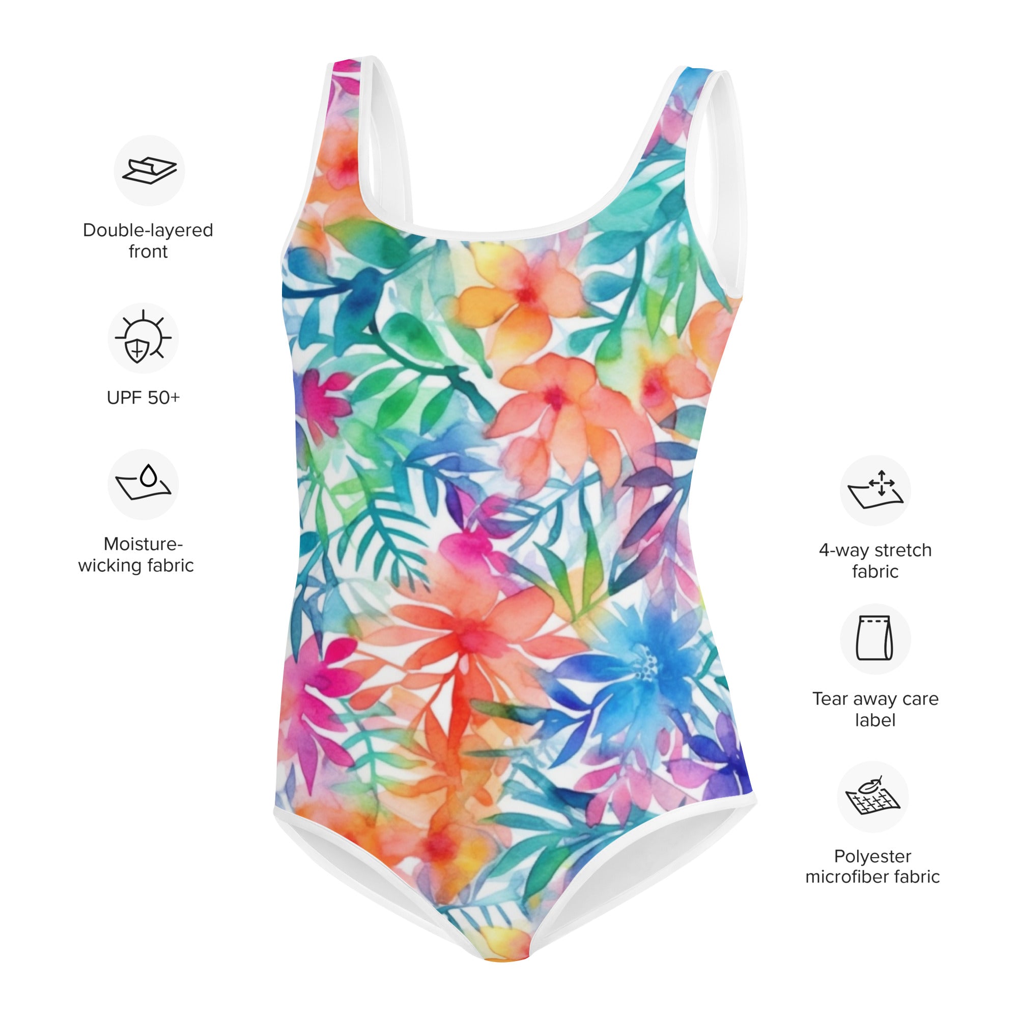 Youth Swimsuit- Watercolor summer flowers 02
