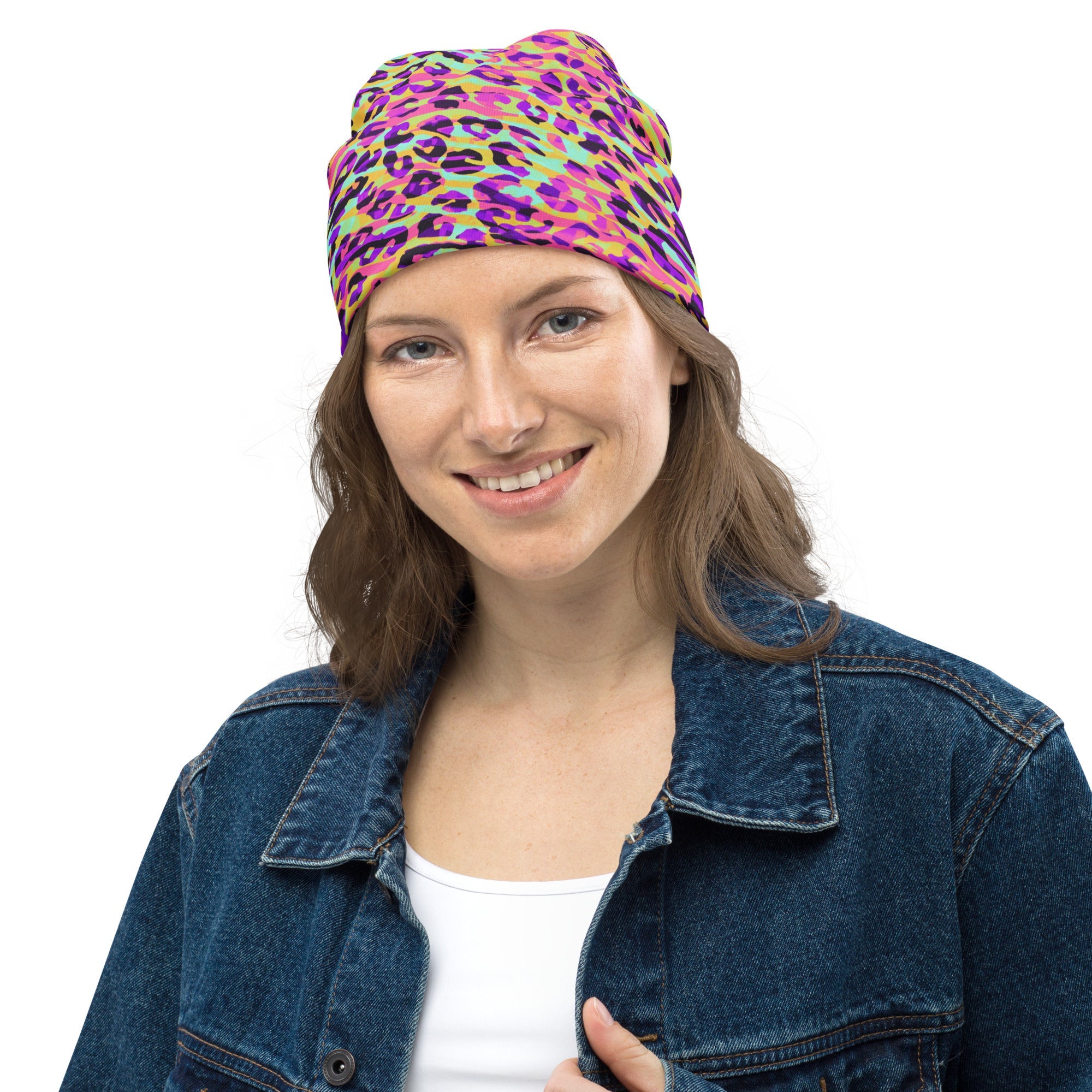 Beanie - Zebra and Leopard Print Pink with Yellow - Klip Clop