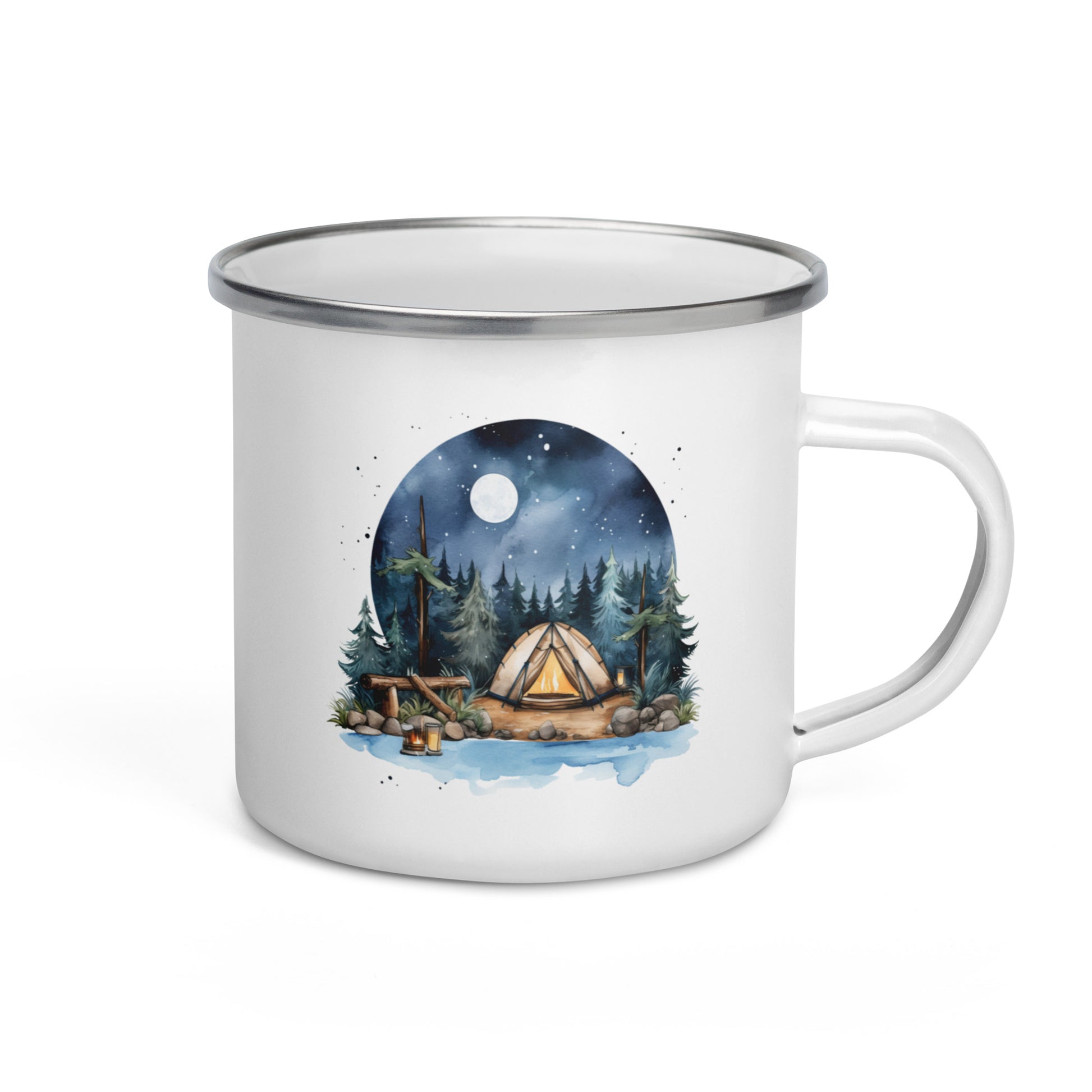 A white enamel mug with a camping scene illustration, featuring a cabin in the woods at night with a clear sky full of stars.