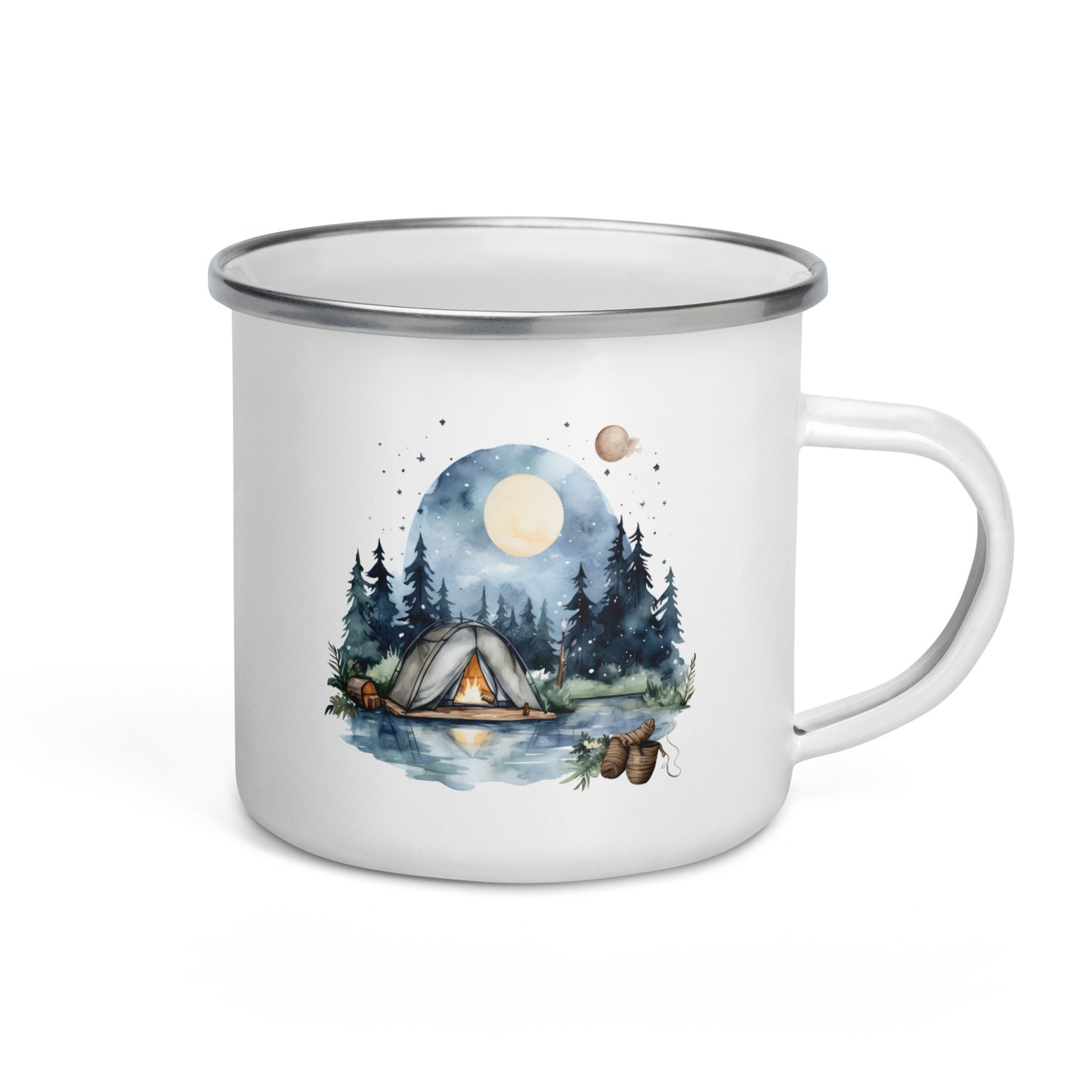 A white enamel mug with a summer camping theme, featuring an illustration of a tent, moon, and stars on a hill at dusk.