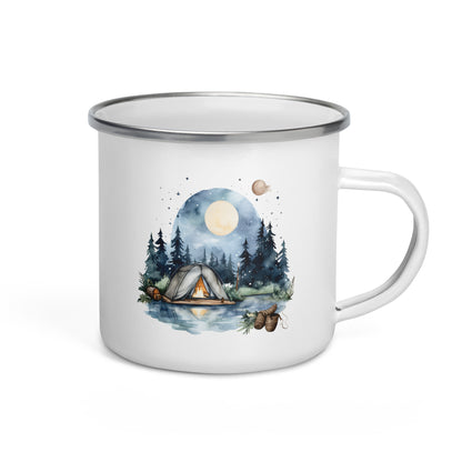 A white enamel mug with a summer camping theme, featuring an illustration of a tent, moon, and stars on a hill at dusk.