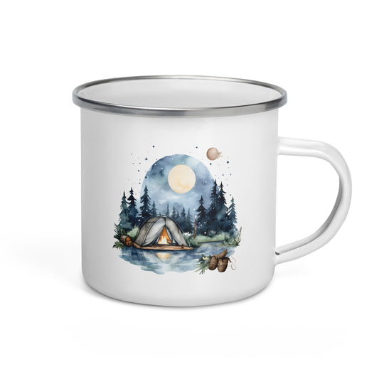 A white enamel mug with a summer camping theme, featuring an illustration of a tent, moon, and stars on a hill at dusk.