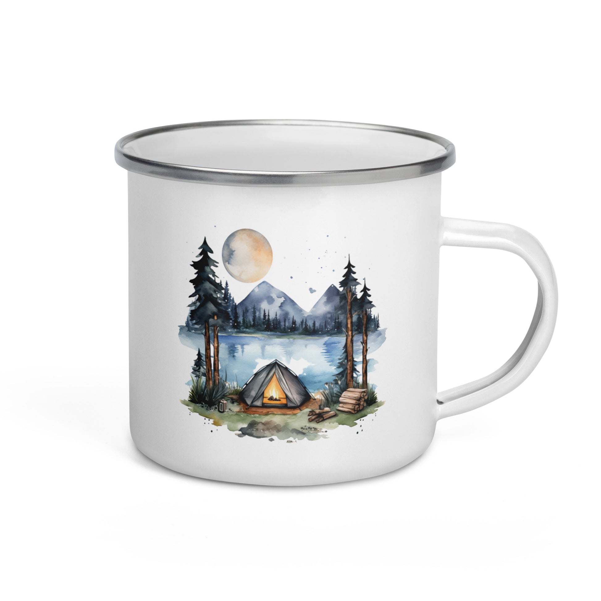 A white enamel mug with a summer camping theme, featuring an illustration of a cabin in the woods under a moonlit sky, and a pine tree in the foreground.