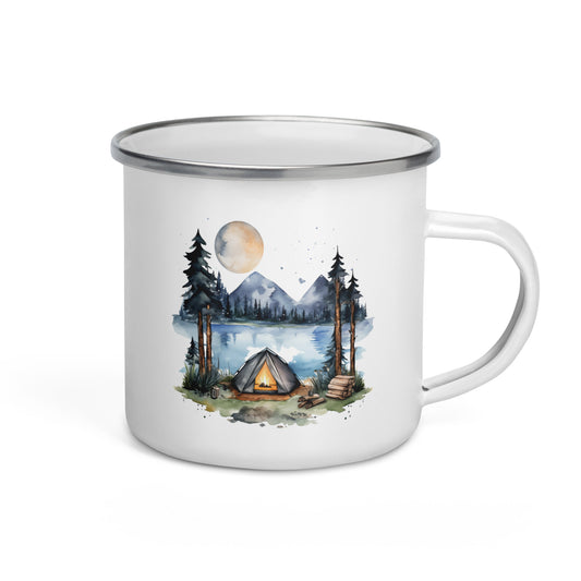 A white enamel mug with a summer camping theme, featuring an illustration of a cabin in the woods under a moonlit sky, and a pine tree in the foreground.
