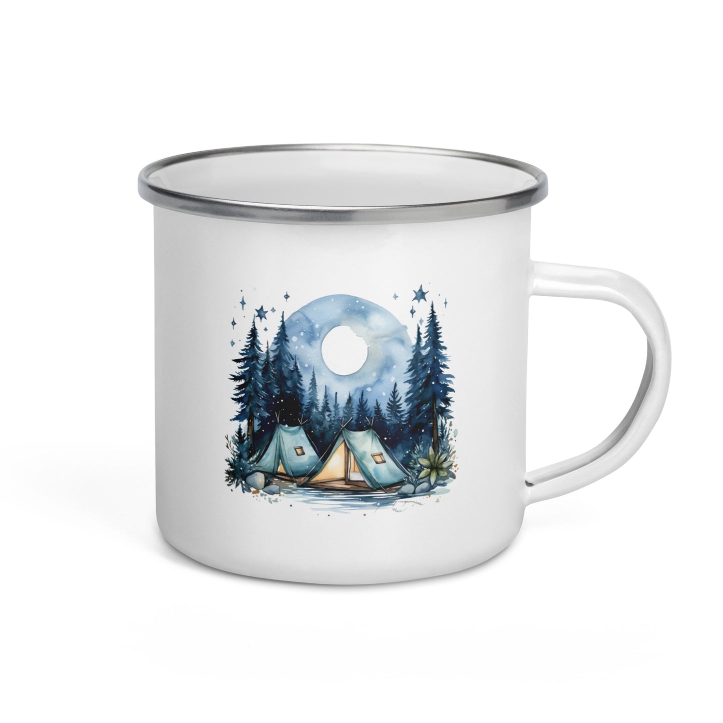 A white enamel mug with a summer camping theme, featuring an illustration of a forest, a camping site, and a moon in the background.