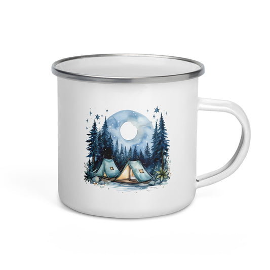 A white enamel mug with a summer camping theme, featuring an illustration of a forest, a camping site, and a moon in the background.
