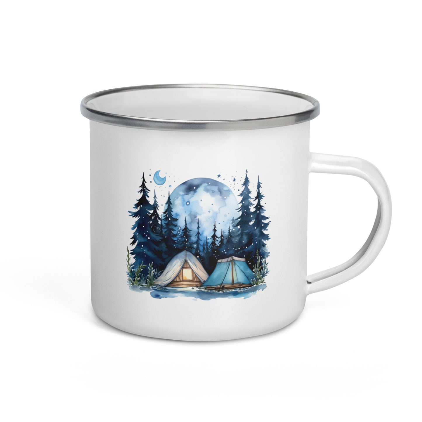 A white enamel mug with a summer camping theme illustration that includes a forest, moon, and a tent.