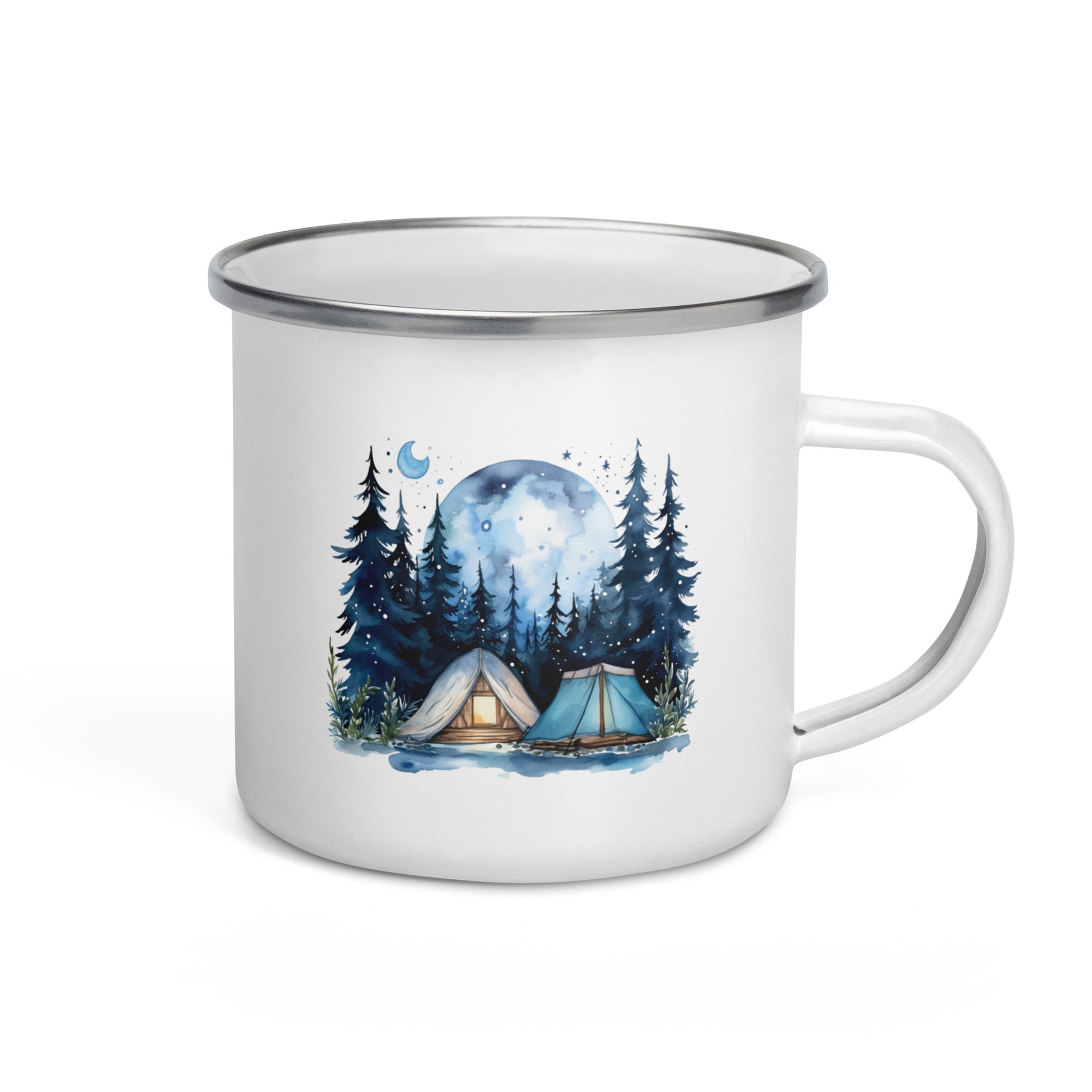 A white enamel mug with a summer camping theme illustration that includes a forest, moon, and a tent.